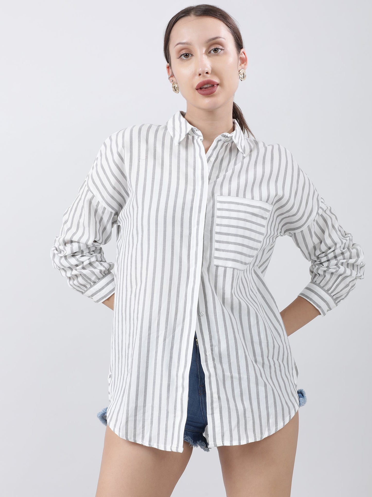 Women Grey Striped Shirt with Patch Pockets
