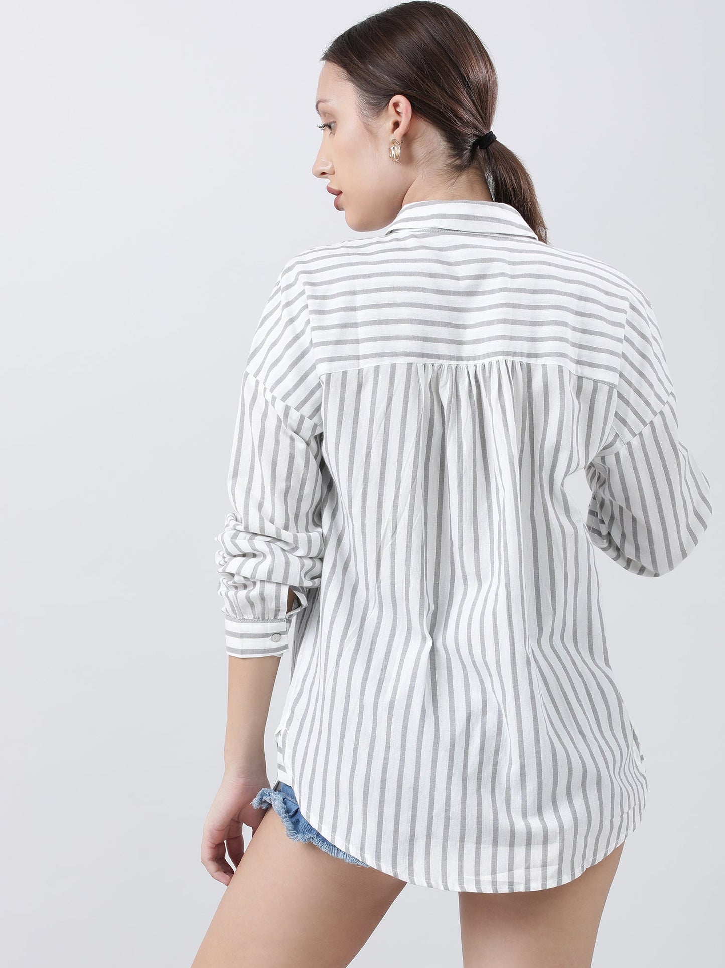 Women Grey Striped Shirt with Patch Pockets