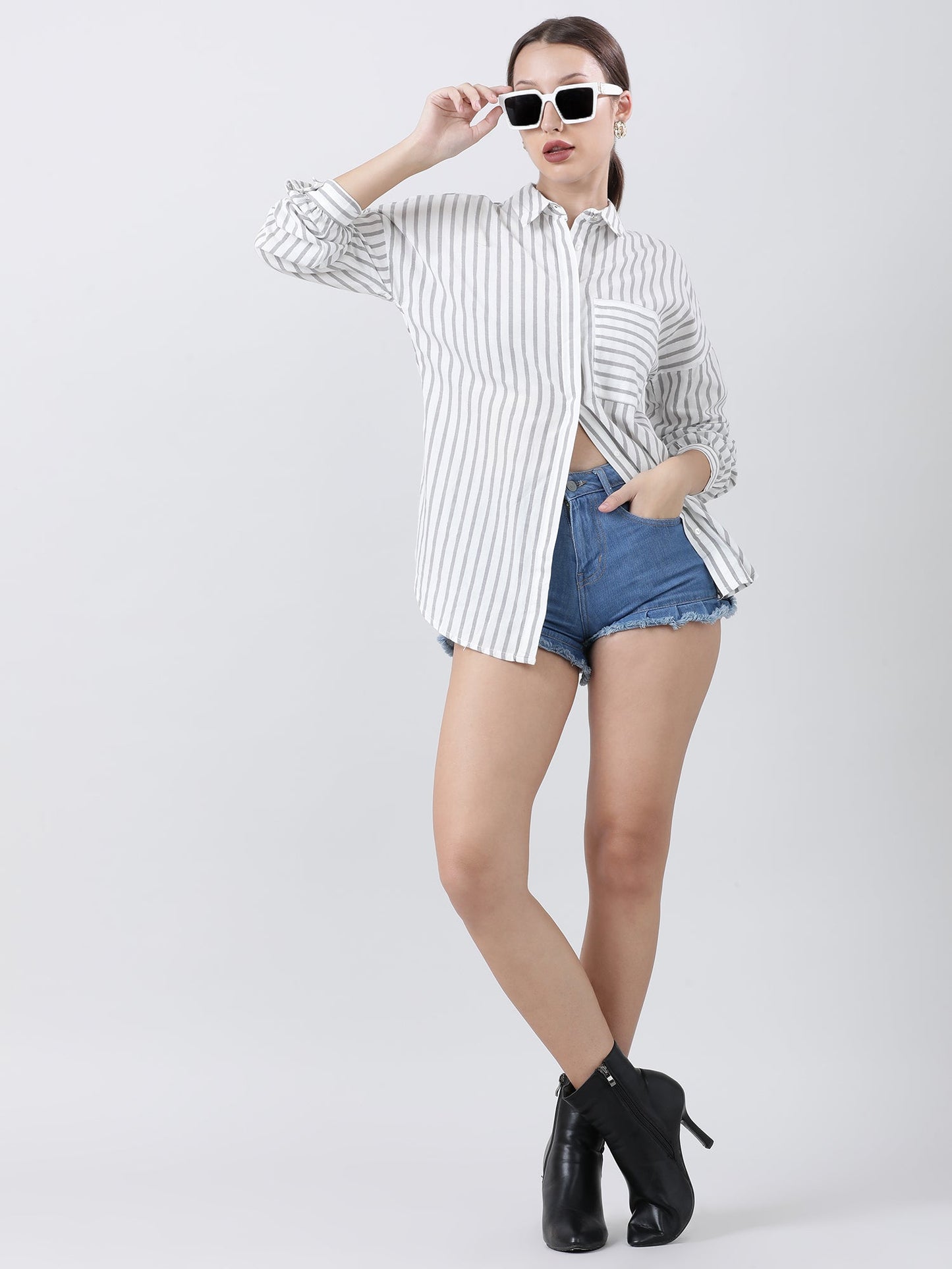 Women Grey Striped Shirt with Patch Pockets