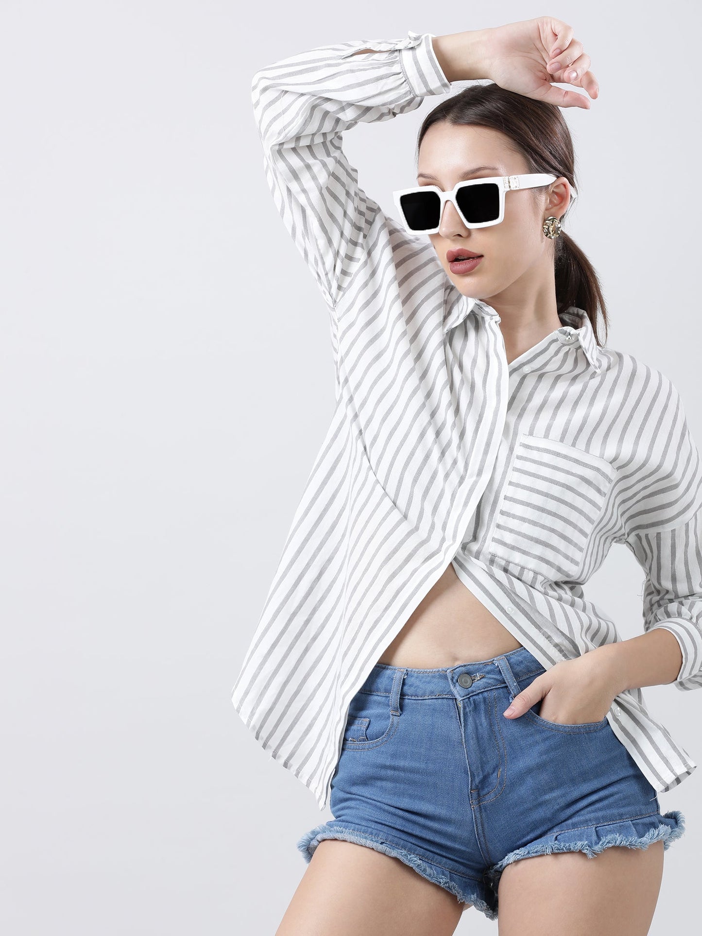 Women Grey Striped Shirt with Patch Pockets