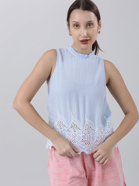 Women Light Blue Striped Sleeveless Top