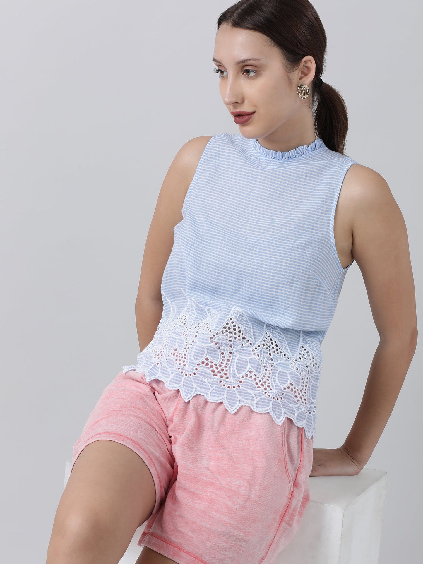 Women Light Blue Striped Sleeveless Top