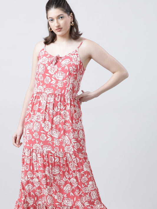 Women Regular Fit Floral Print Coral A Line Dress