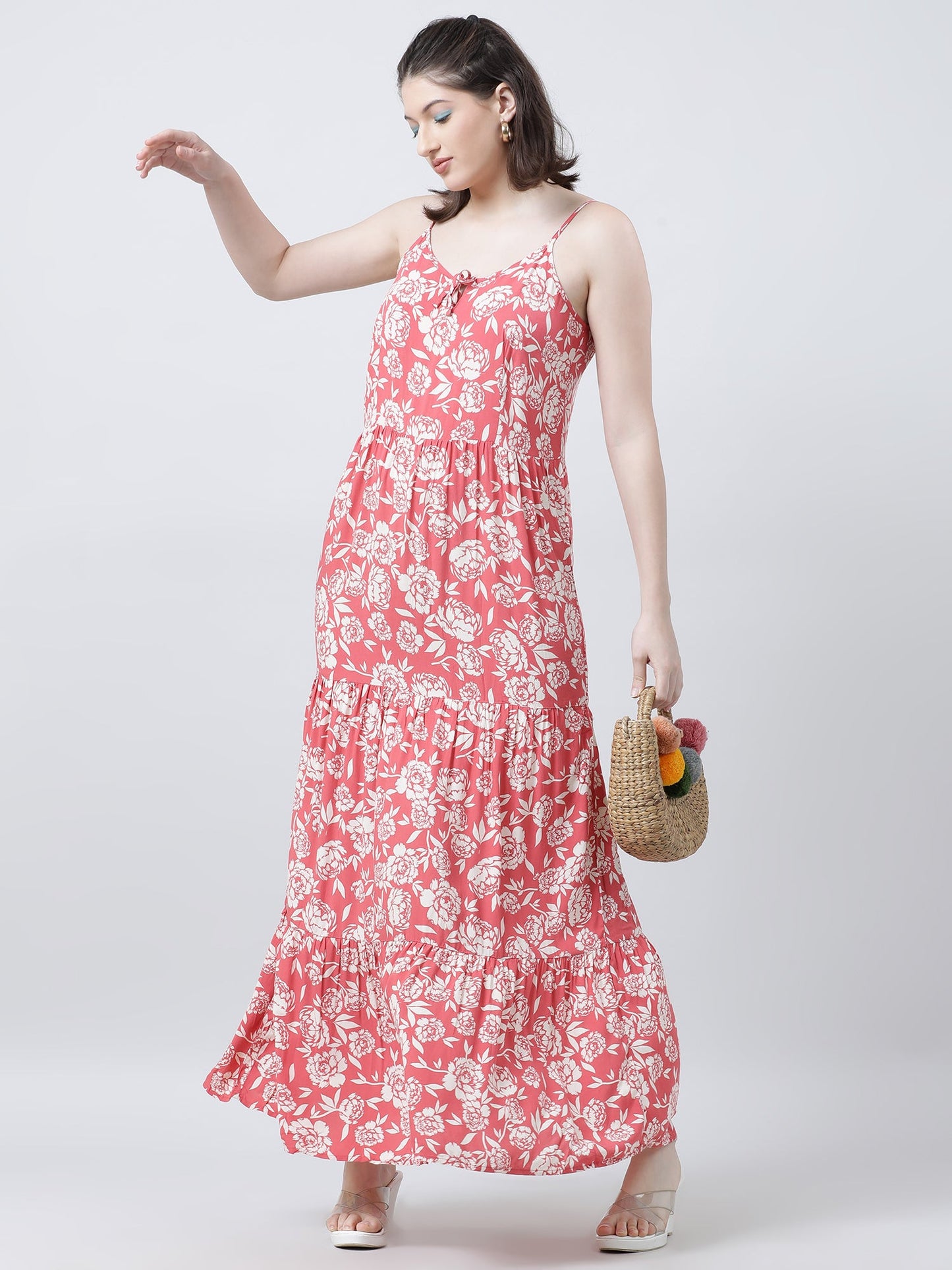 Women Regular Fit Floral Print Coral A Line Dress