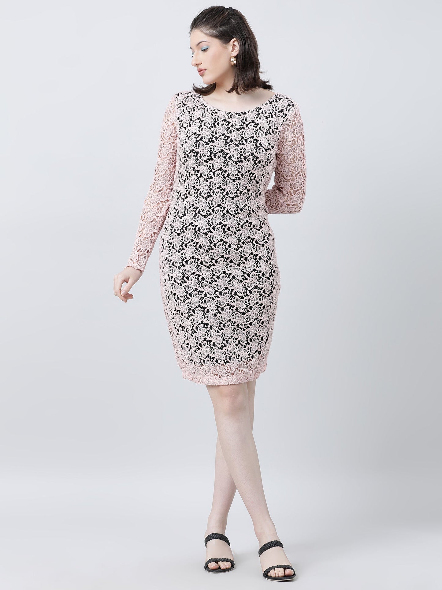 Women Slim Fit Lace A Line Pink Dress With Full Sleeves