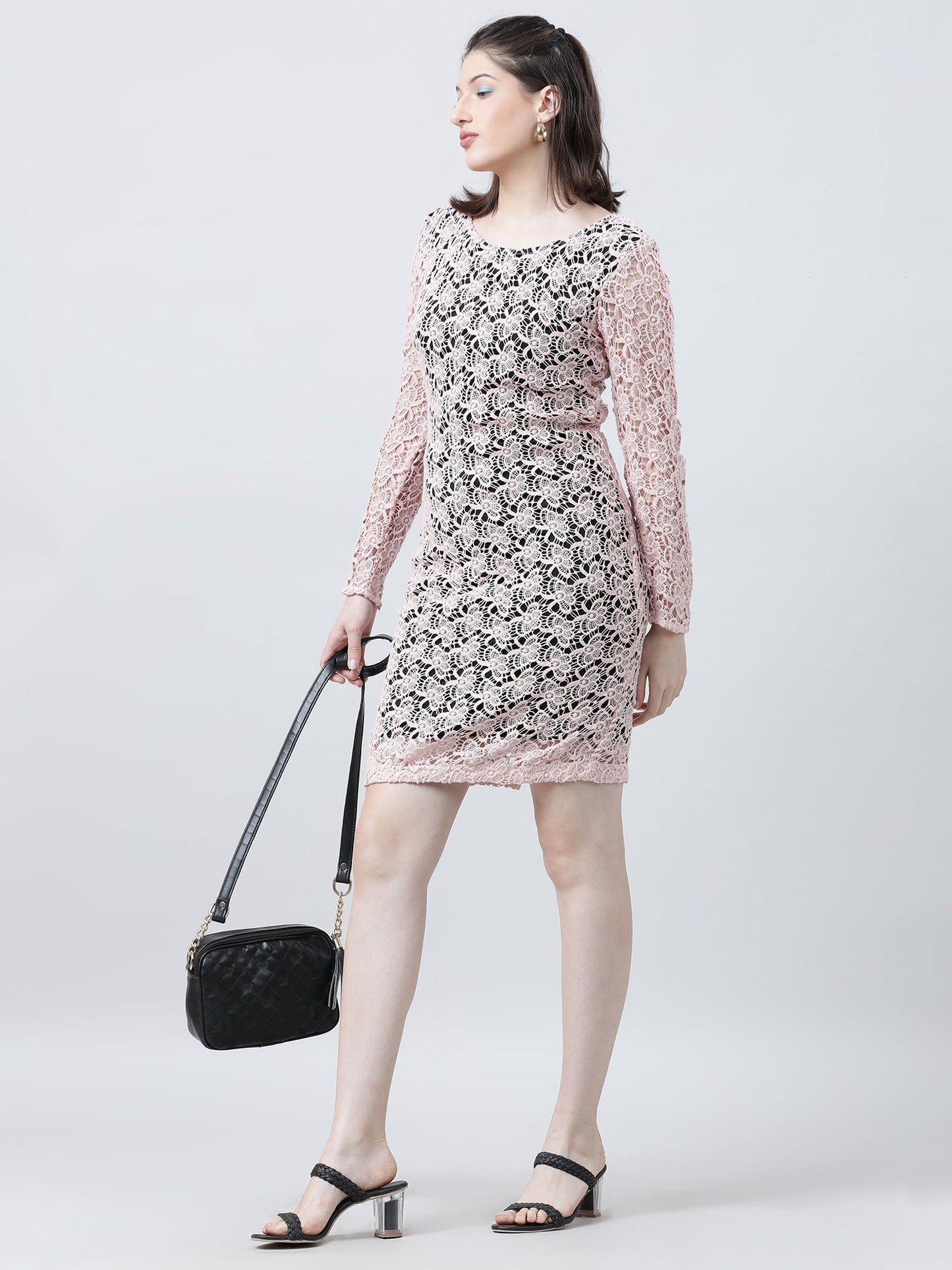 Women Slim Fit Lace A Line Pink Dress With Full Sleeves
