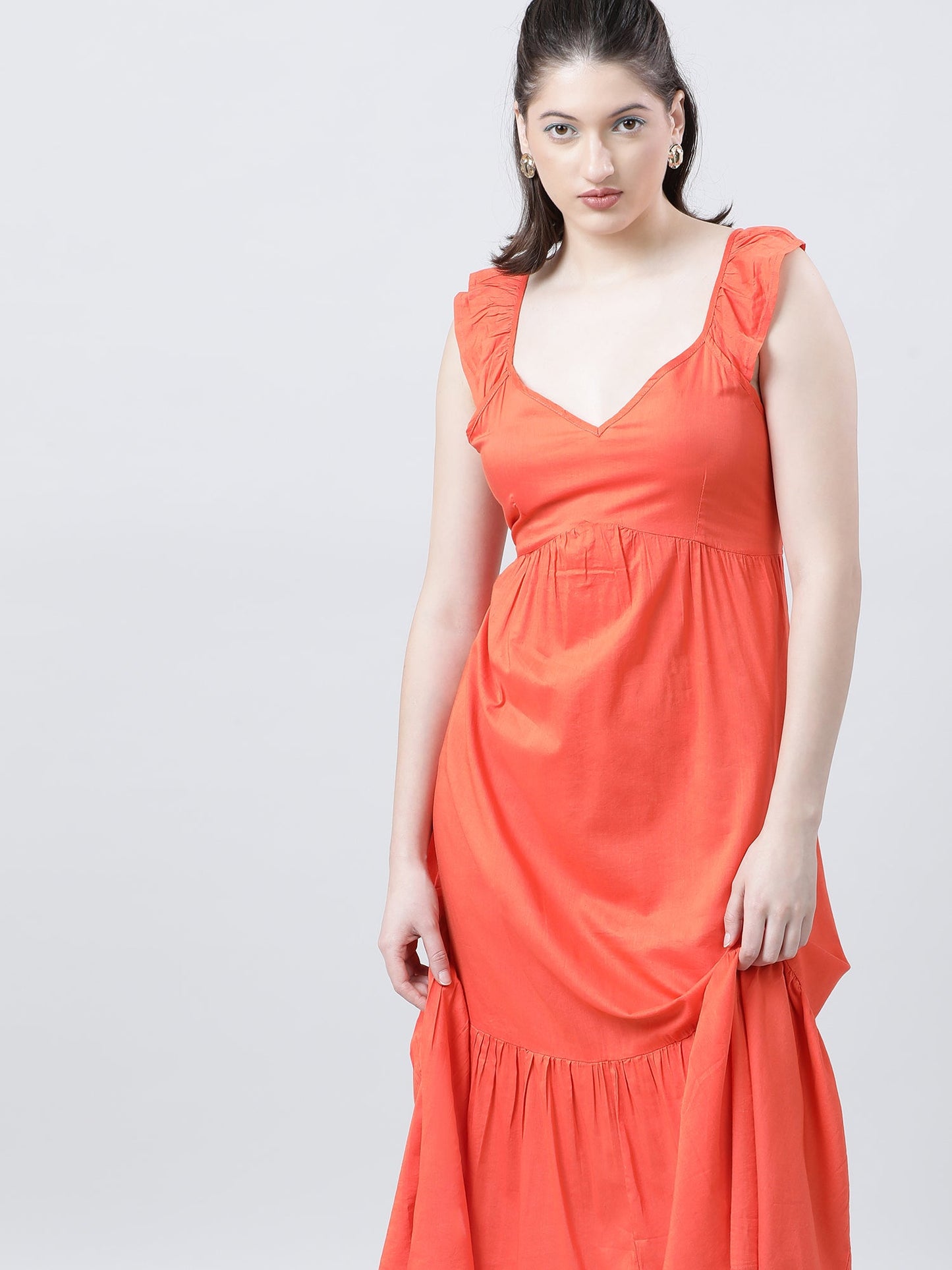 Women Regular Fit Orange Summer Midi Dress