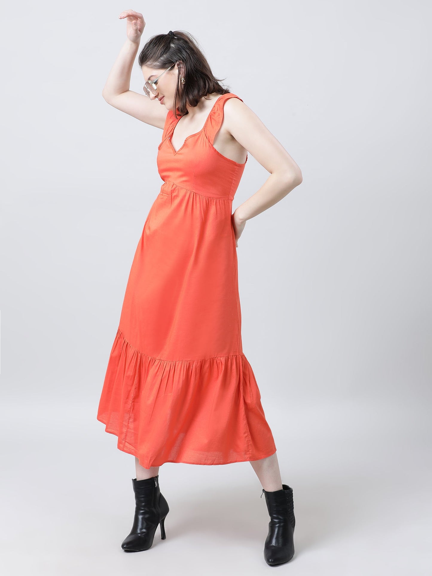 Women Regular Fit Orange Summer Midi Dress