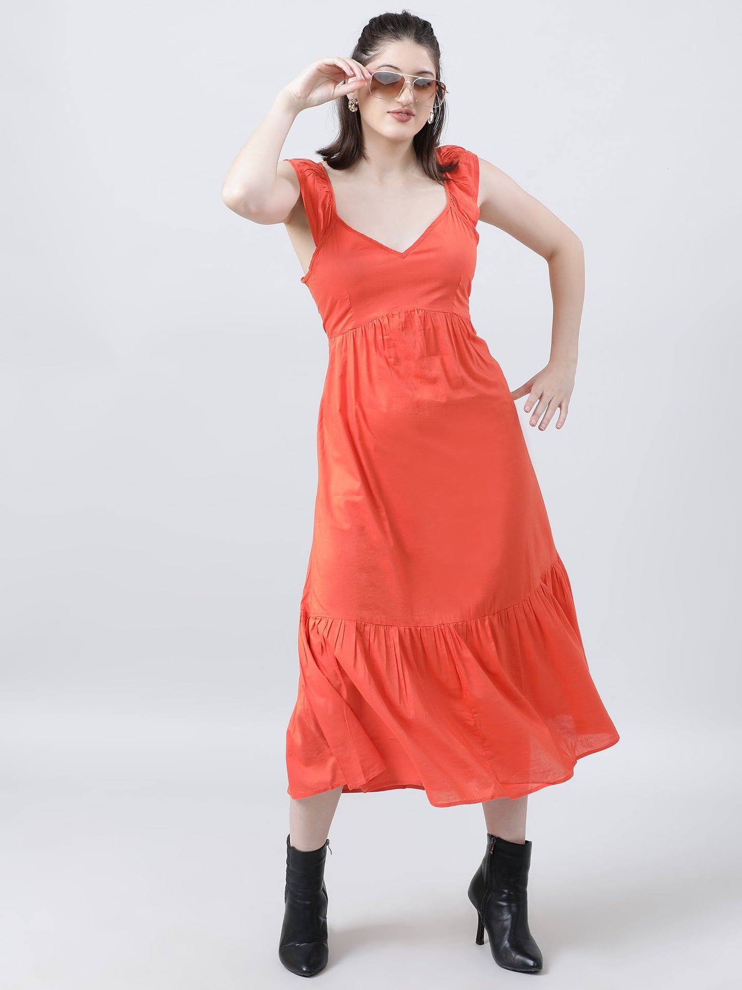 Women Regular Fit Orange Summer Midi Dress