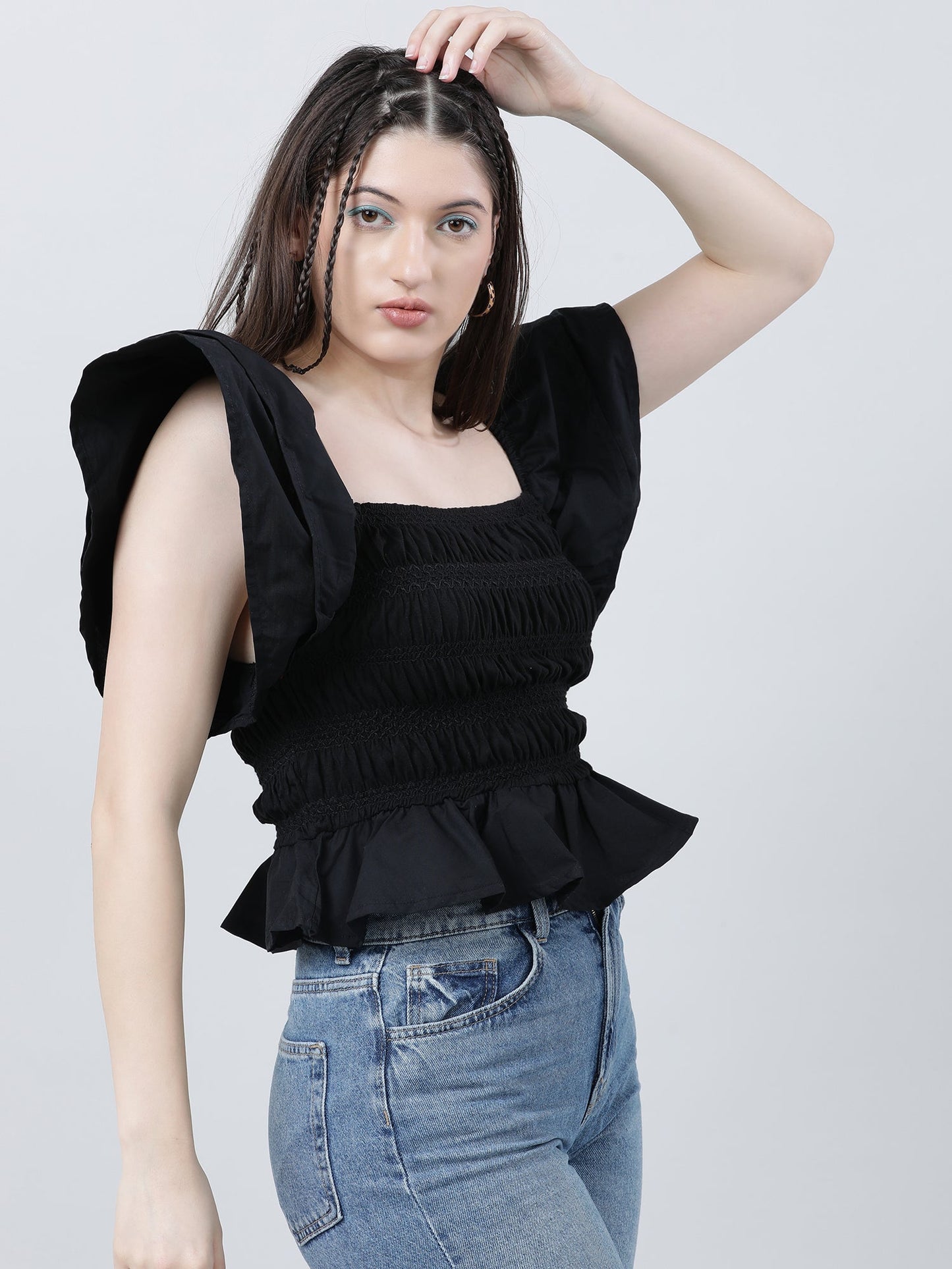 Women Black Striped Square Neck Sleeveless Top