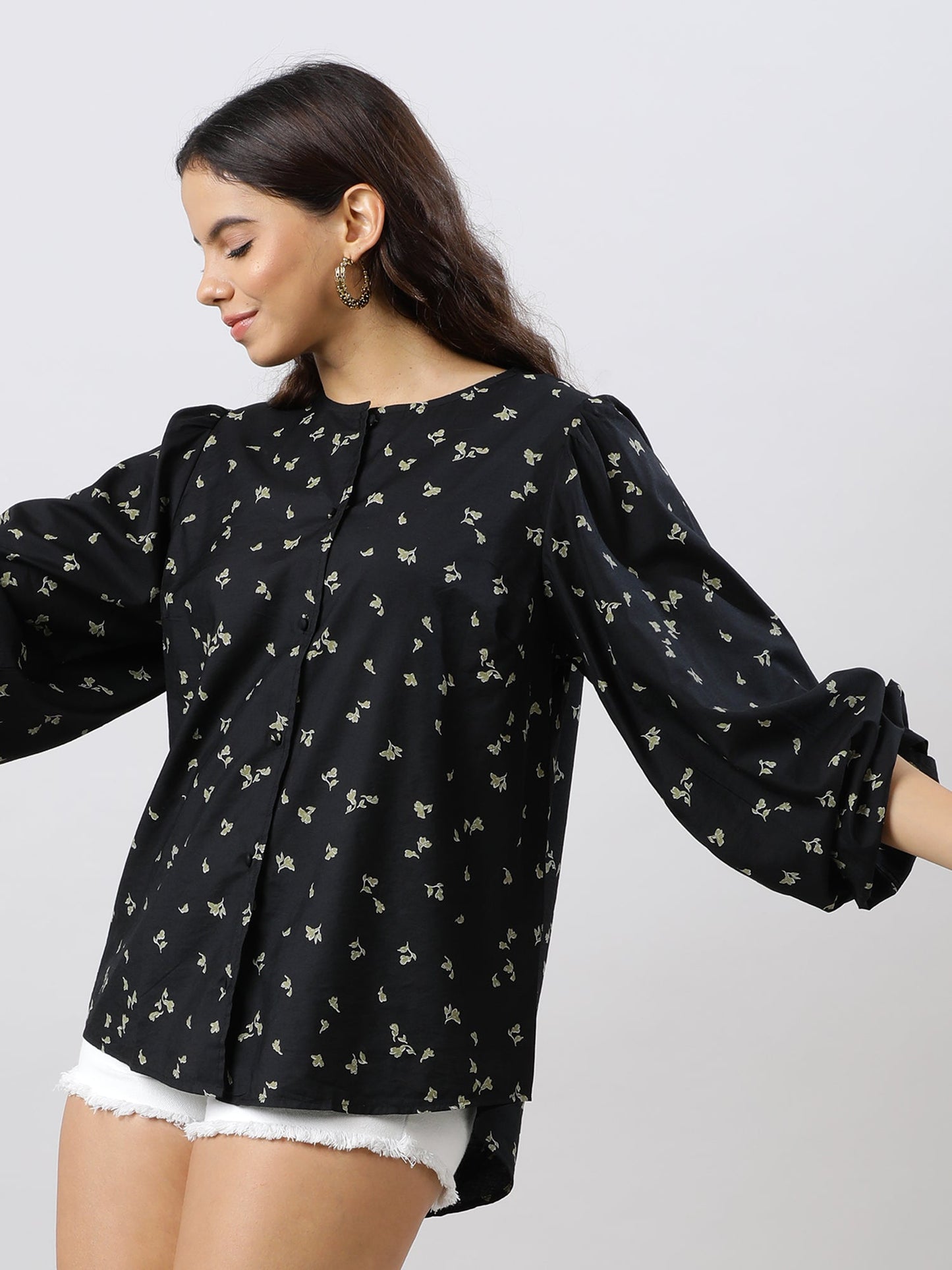 Casual Chic Black Floral Printed Shirt