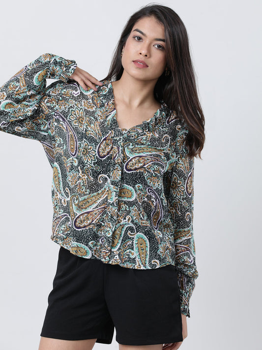 Women Regular Fit Green Printed Top
