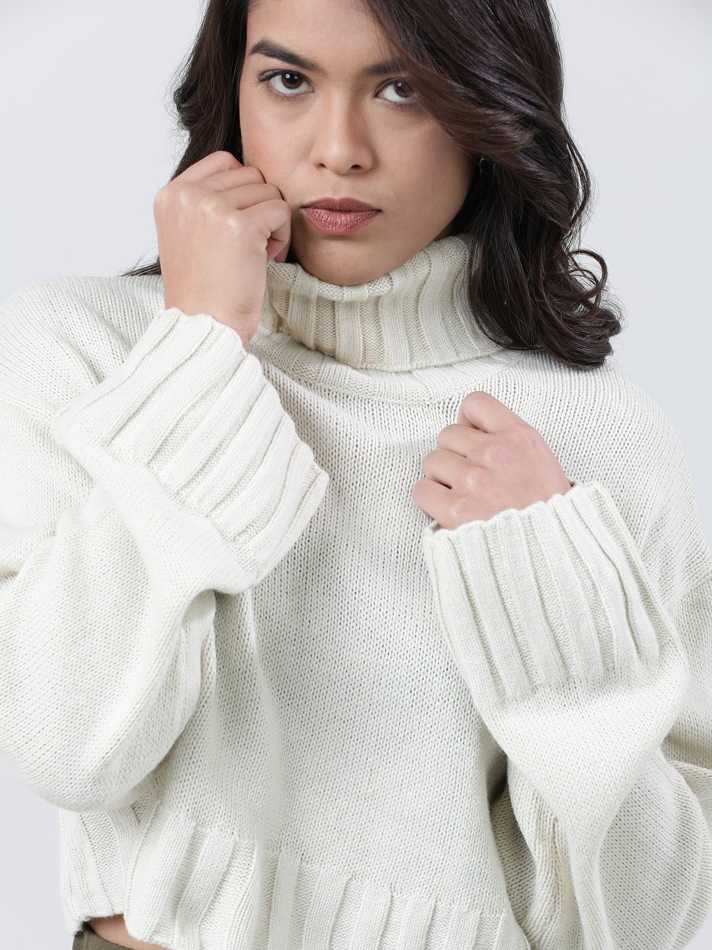 Women Relaxed Fit High Neck Cream Ribbed Sweater