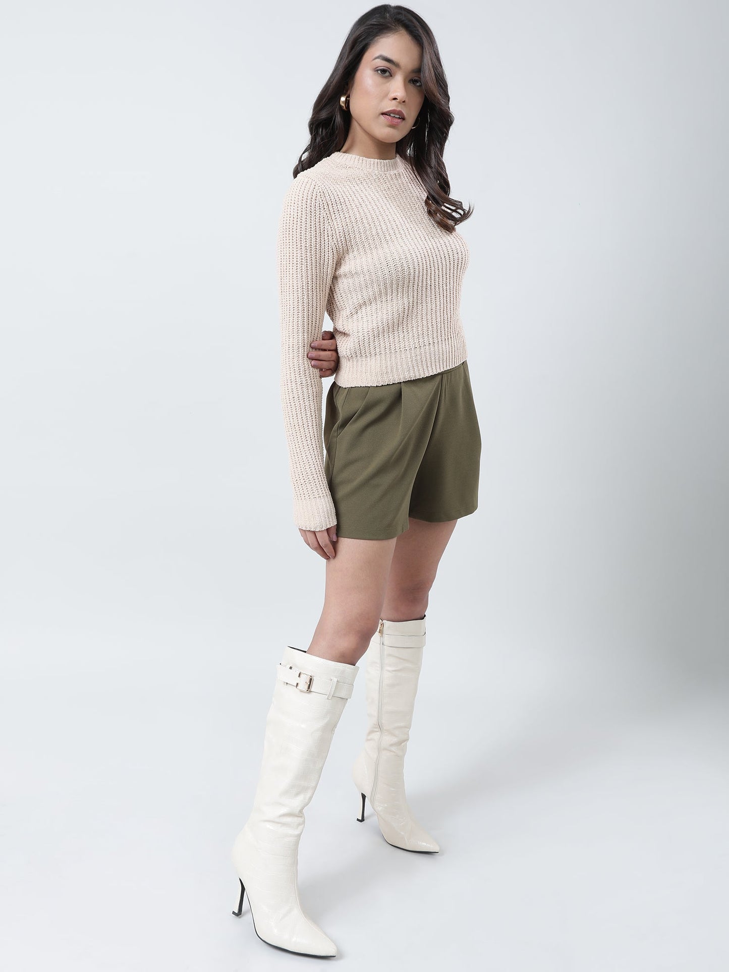 Women Slim Fit Knitted Round Neck Brown Sweater