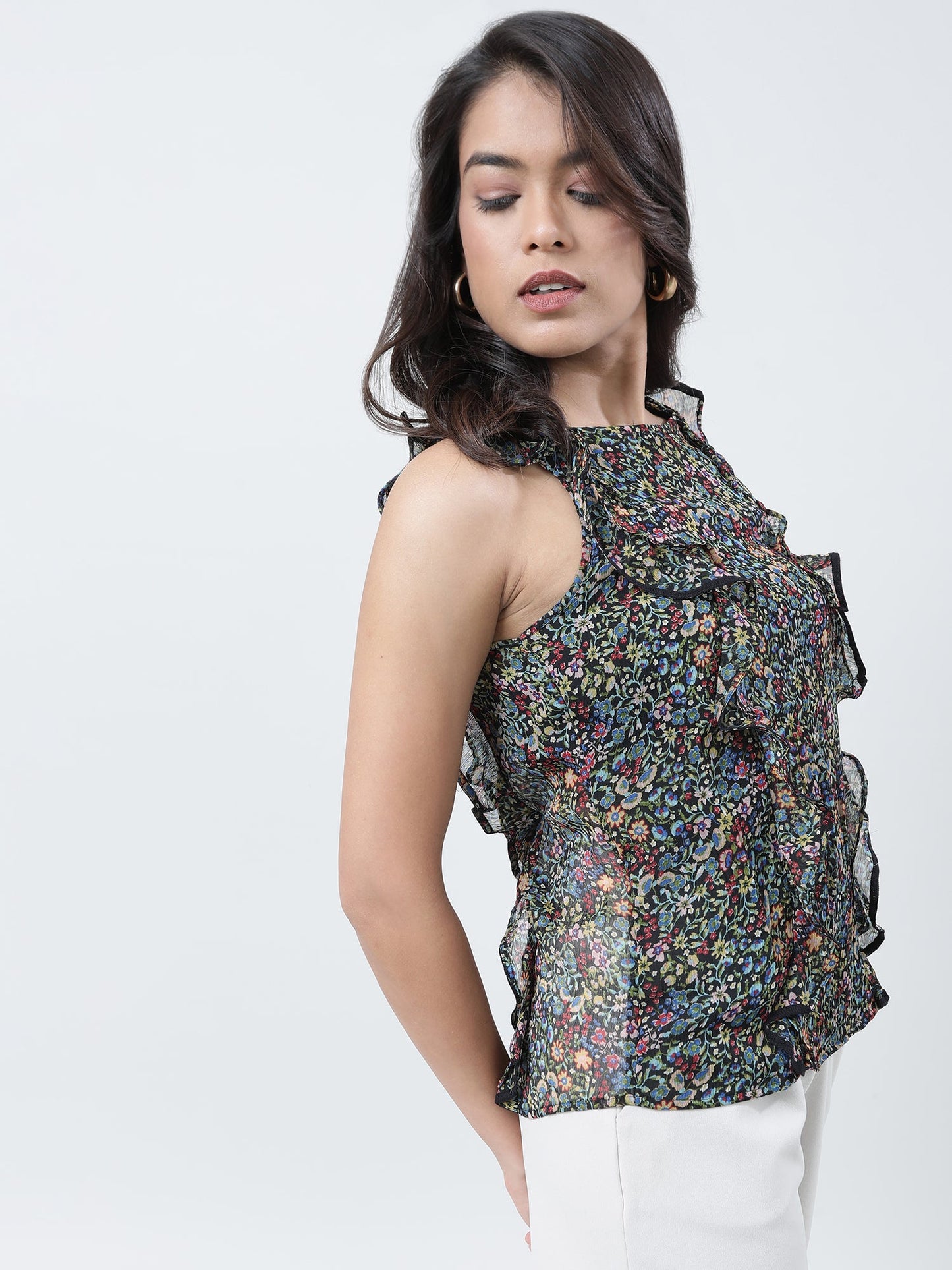 Women Regular Fit Printed Black Sleeveless Top