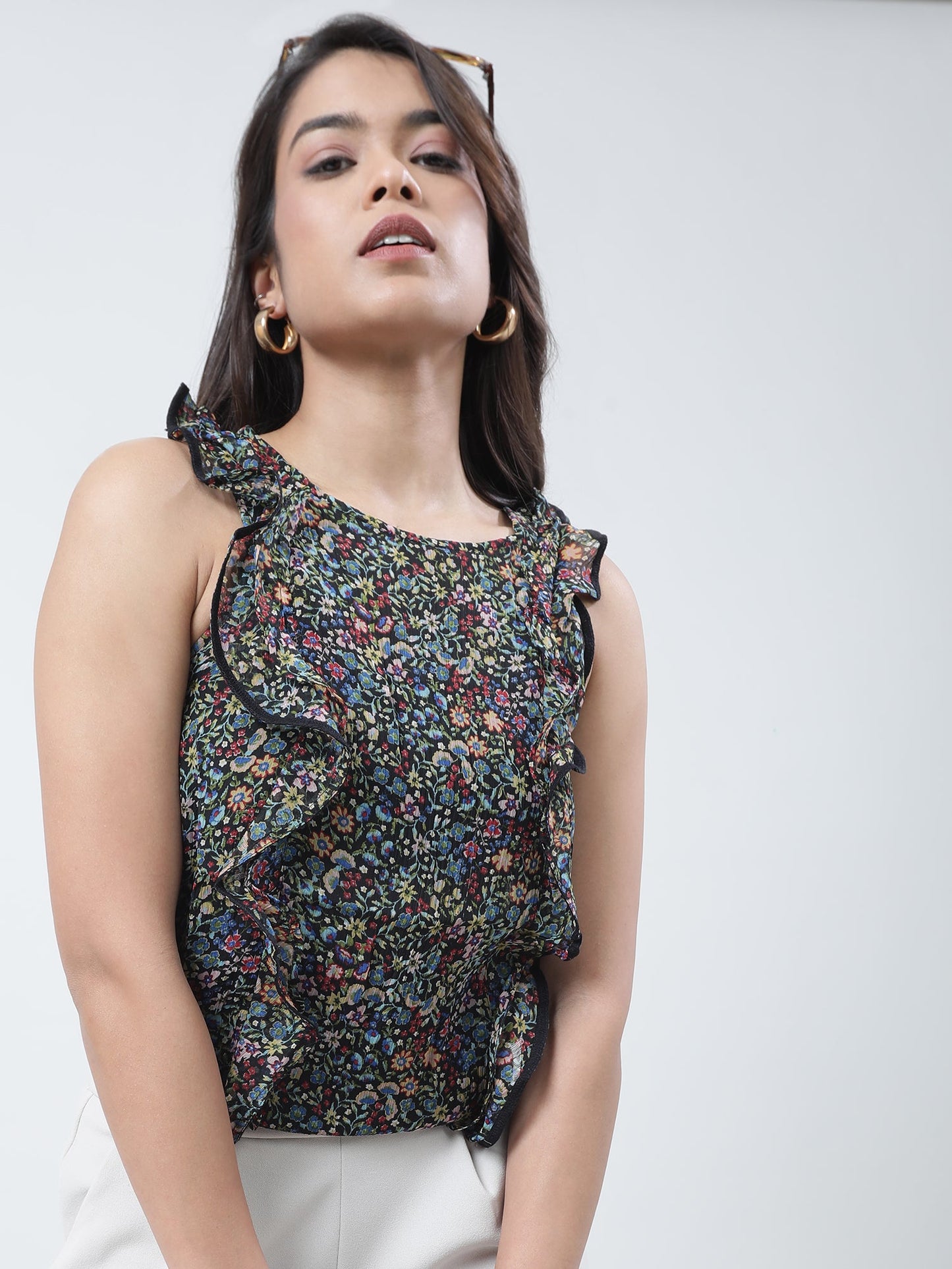 Women Regular Fit Printed Black Sleeveless Top