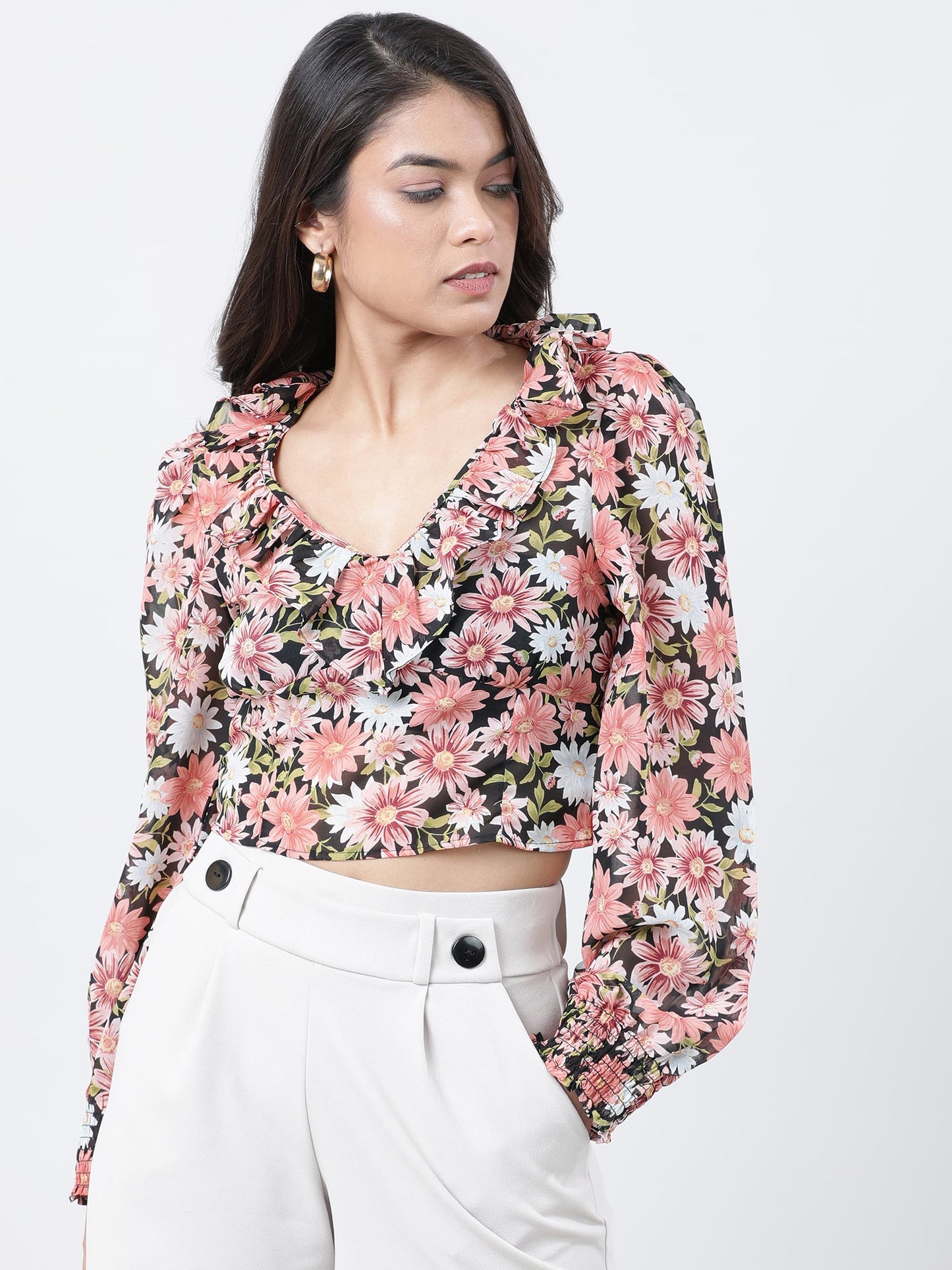 Women Slim Fit Coral Floral Print Top With Frills