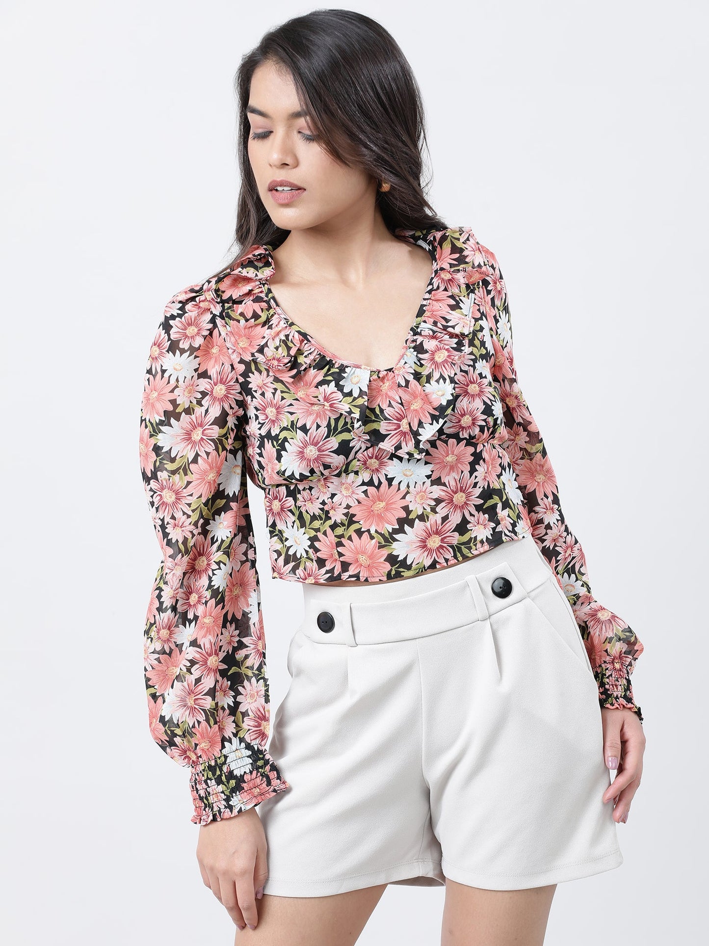 Women Slim Fit Coral Floral Print Top With Frills