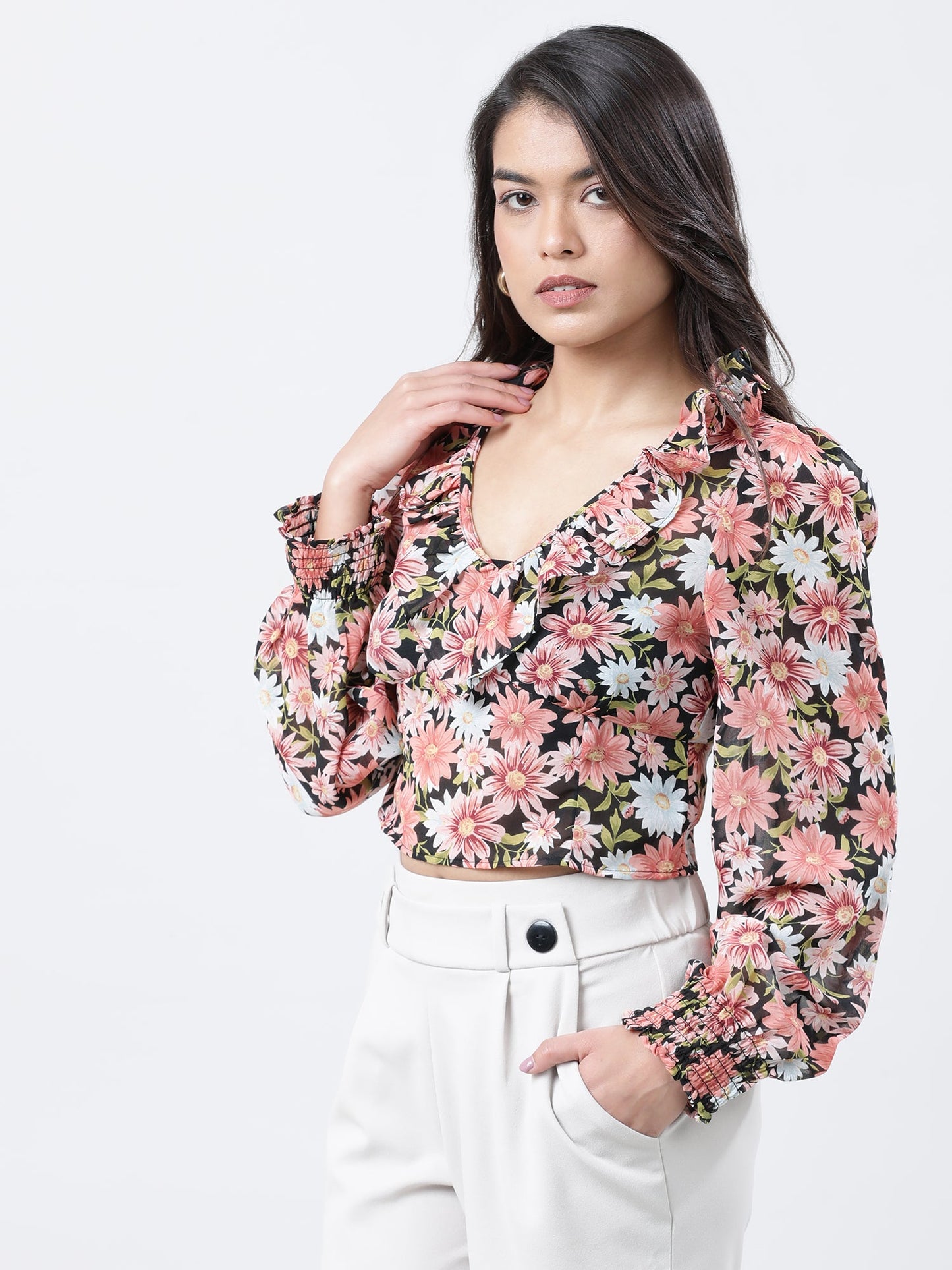 Women Slim Fit Coral Floral Print Top With Frills