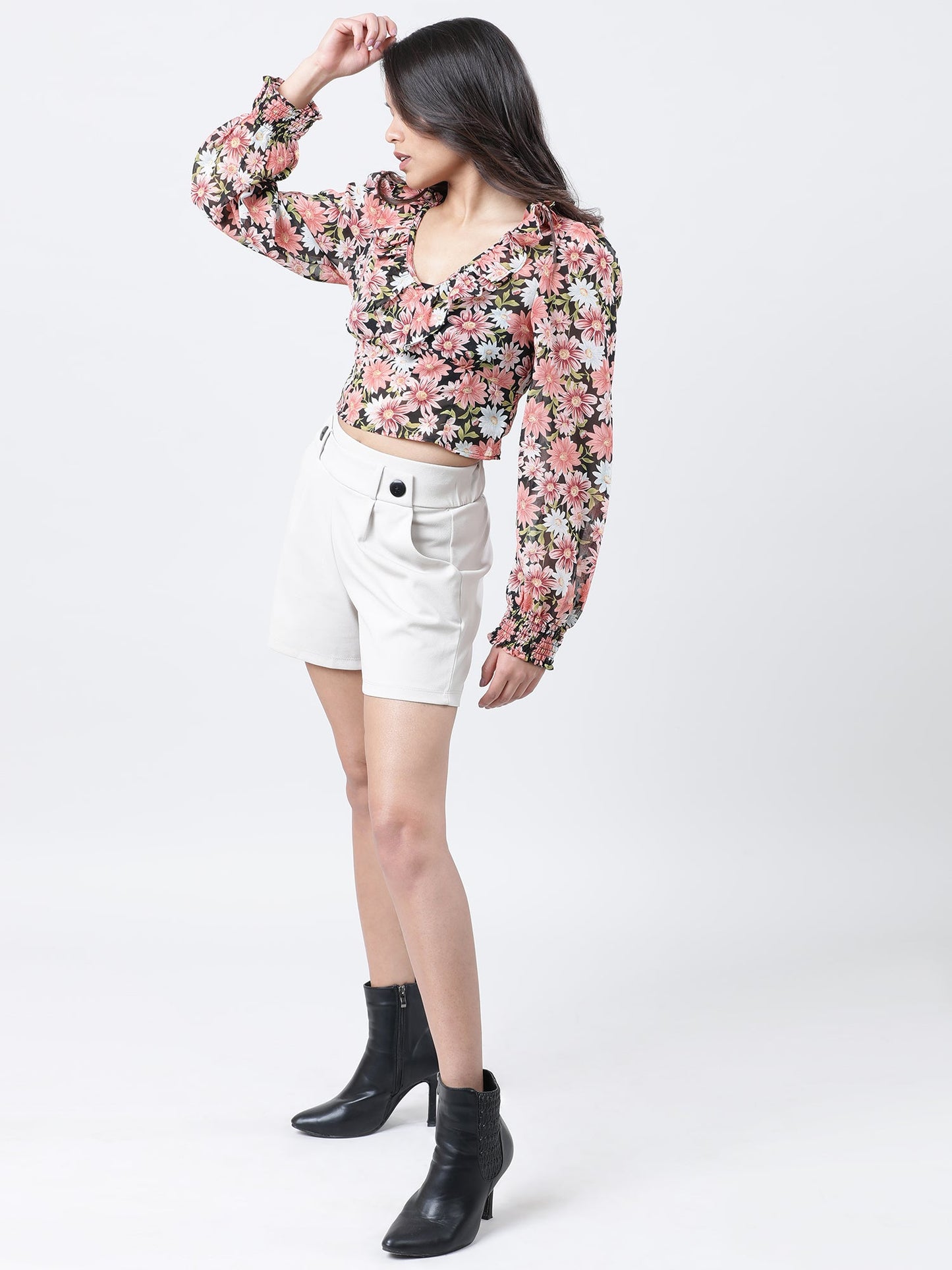 Women Slim Fit Coral Floral Print Top With Frills