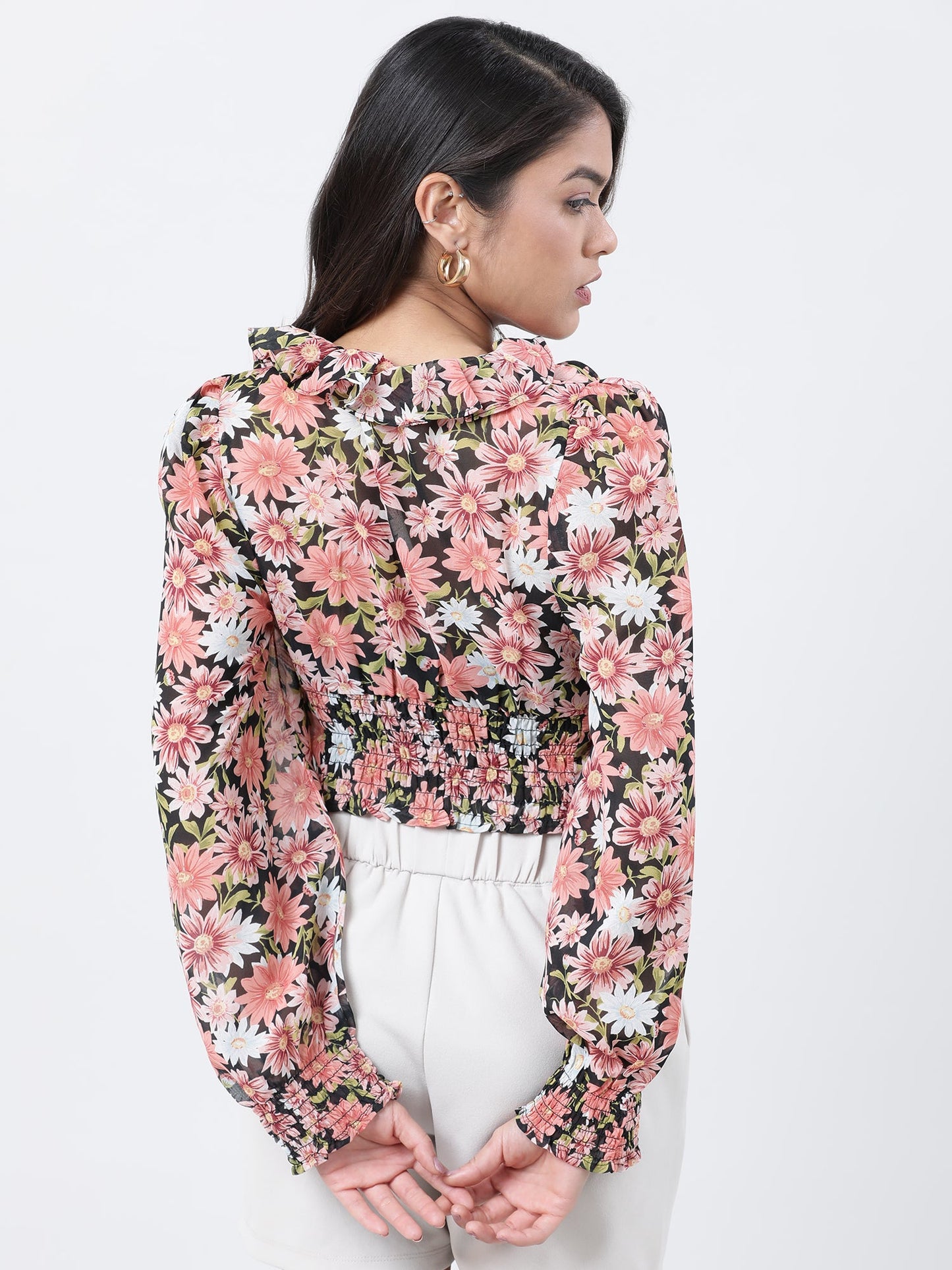 Women Slim Fit Coral Floral Print Top With Frills