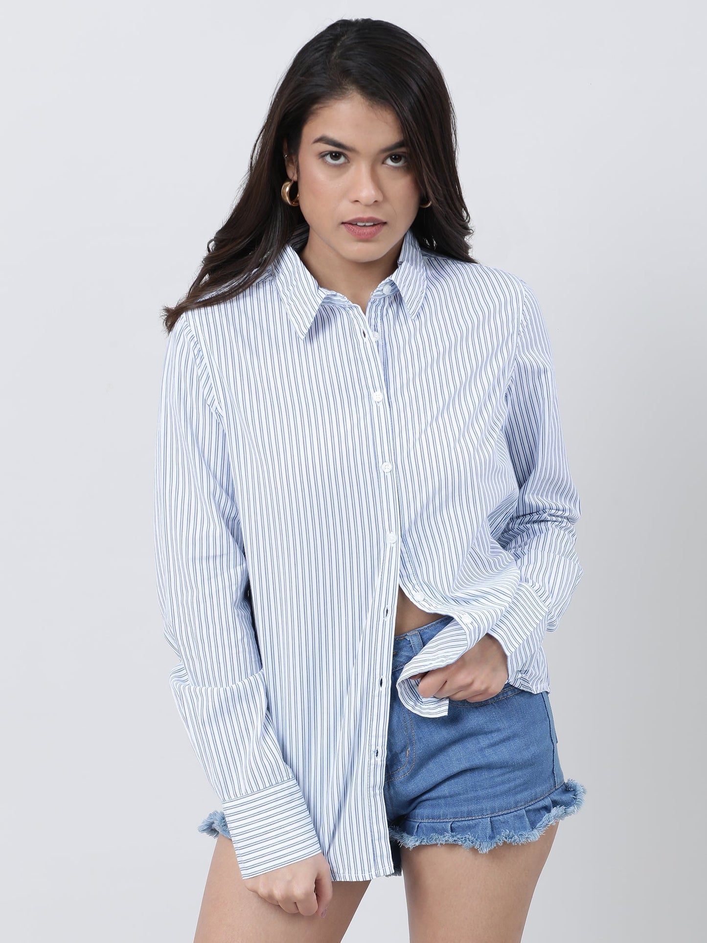 Women Regular Fit Striped Blue Shirt