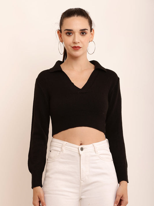 Women Roibbed Collar  Sweater