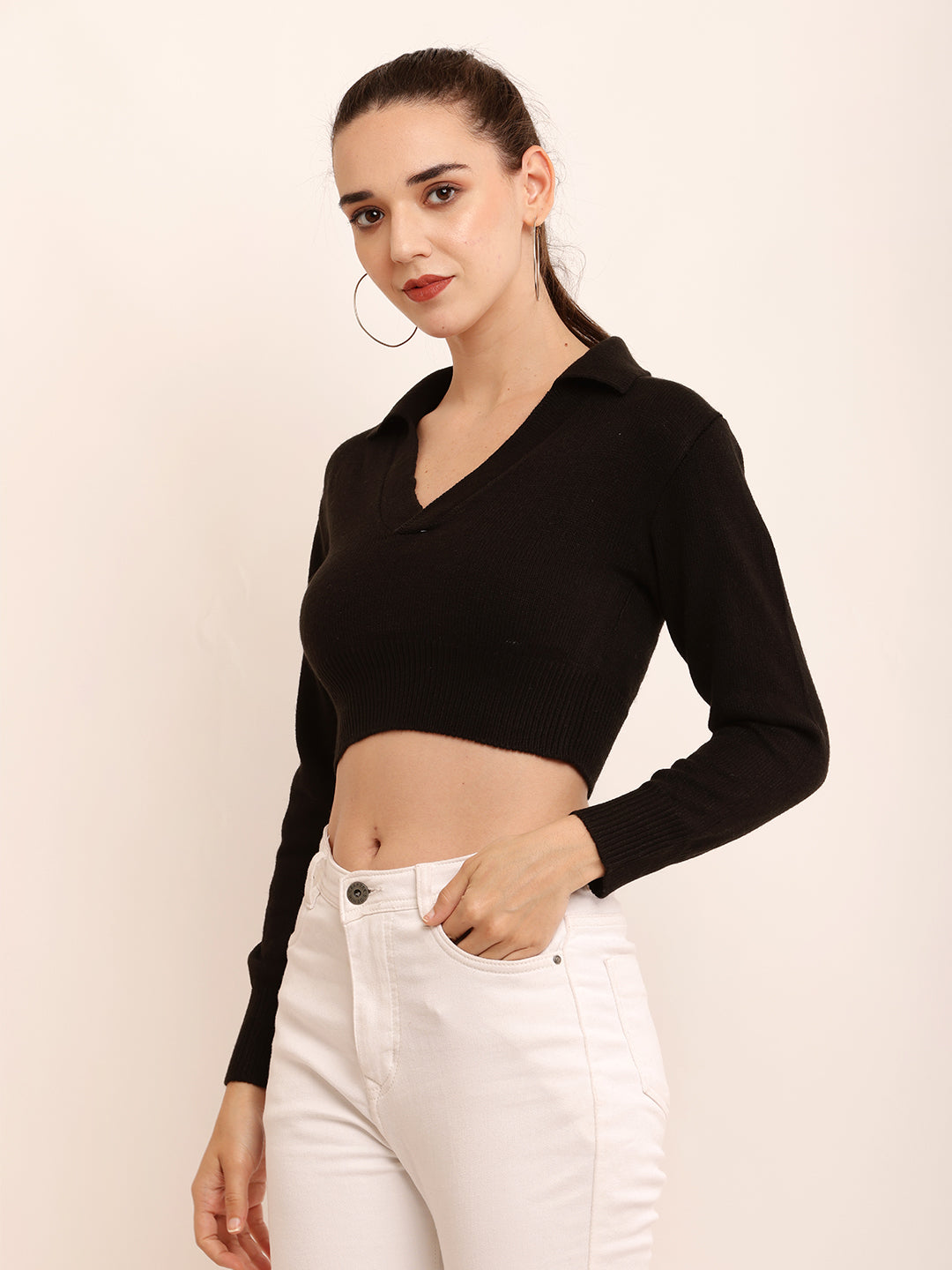 Women Roibbed Collar  Sweater