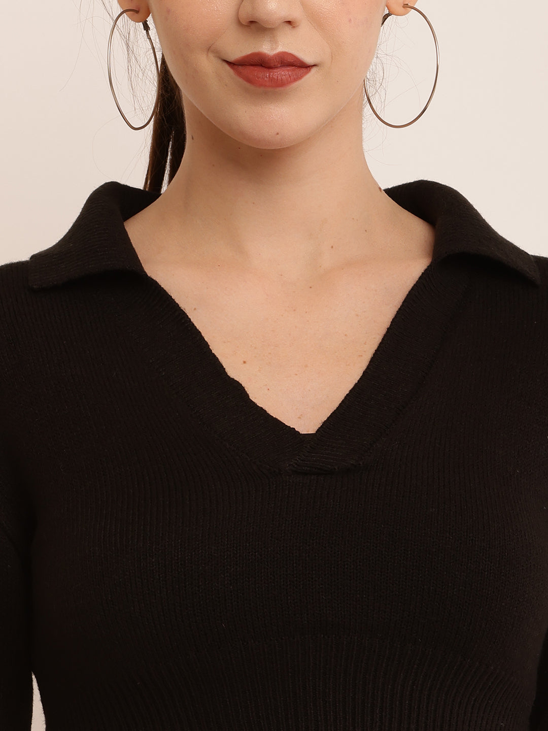 Women Roibbed Collar  Sweater