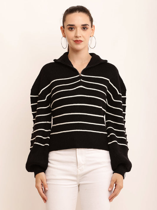 Women Stripped Zip Pullover
