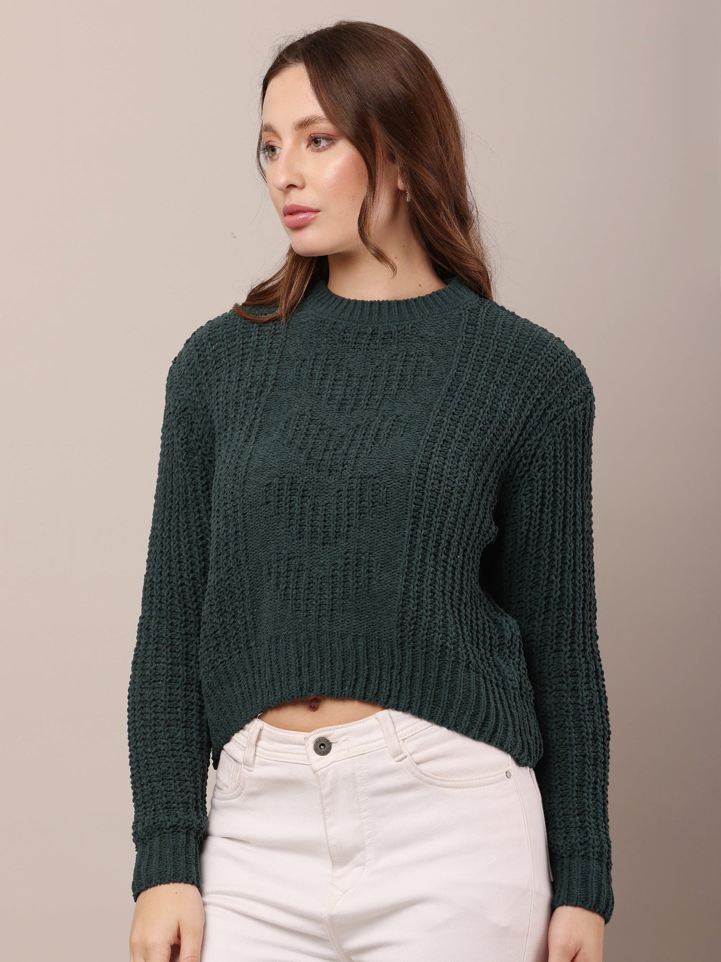 Women Cotton Full Sleeve Dark Green Sweater