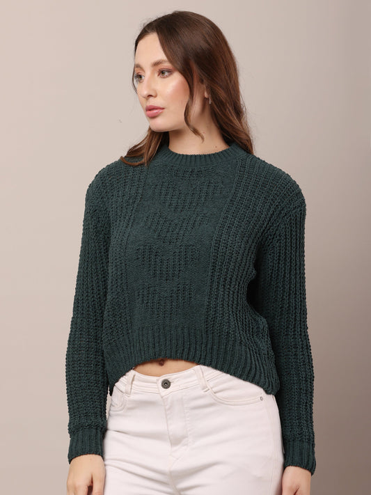 Women Cotton Full Sleeve Dark Green Sweater