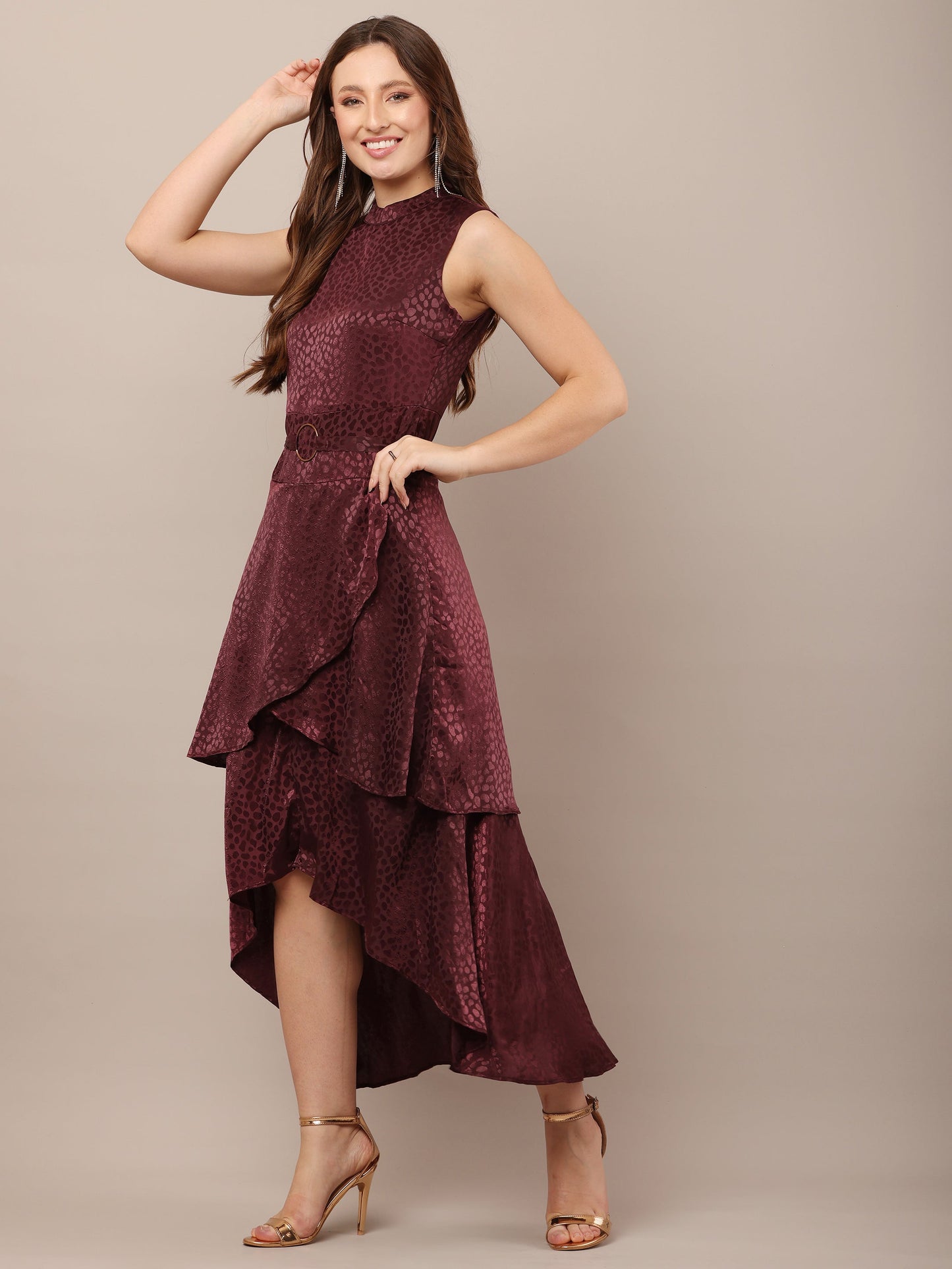 Women Wine Sleeveless Asymmetric Dress