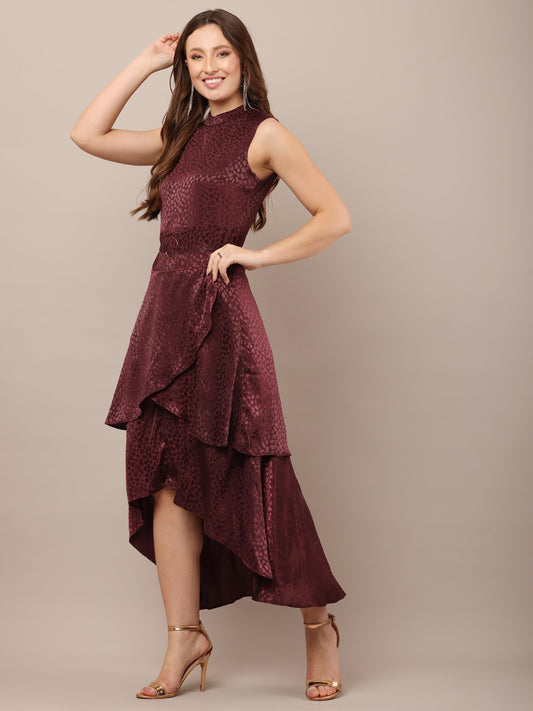 Women Wine Sleeveless Asymmetric Dress