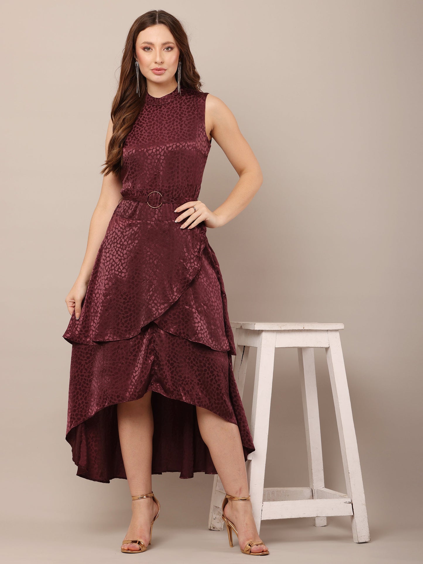 Women Wine Sleeveless Asymmetric Dress