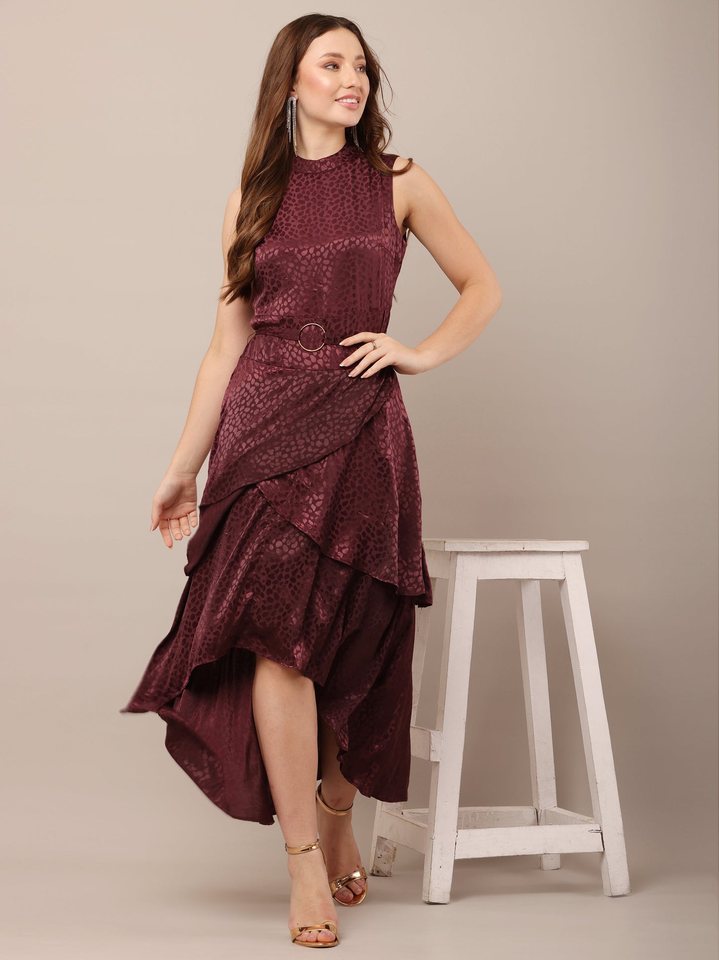 Women Wine Sleeveless Asymmetric Dress