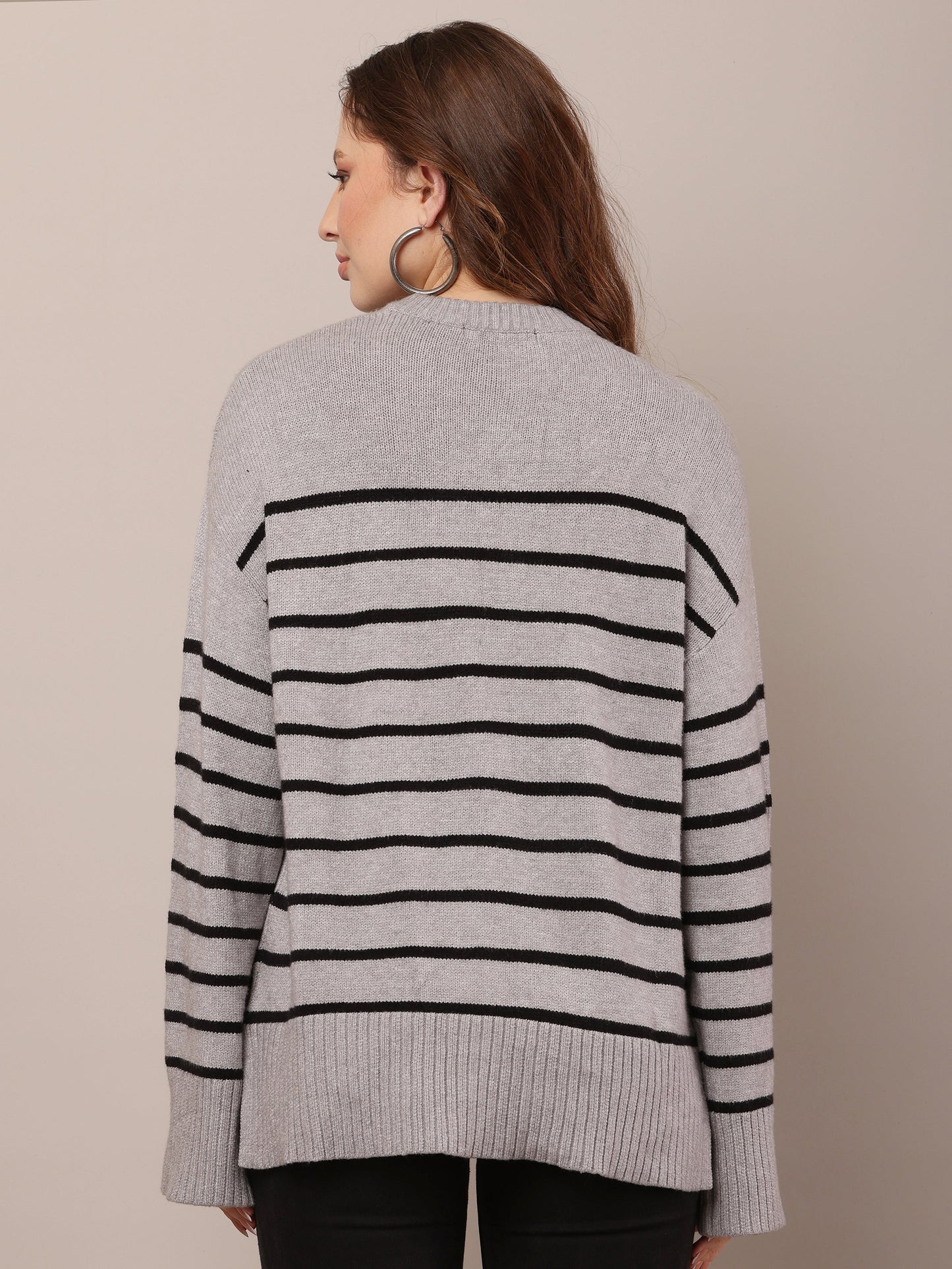 Women Viscose Drop Shoulder Rib Grey Sweater