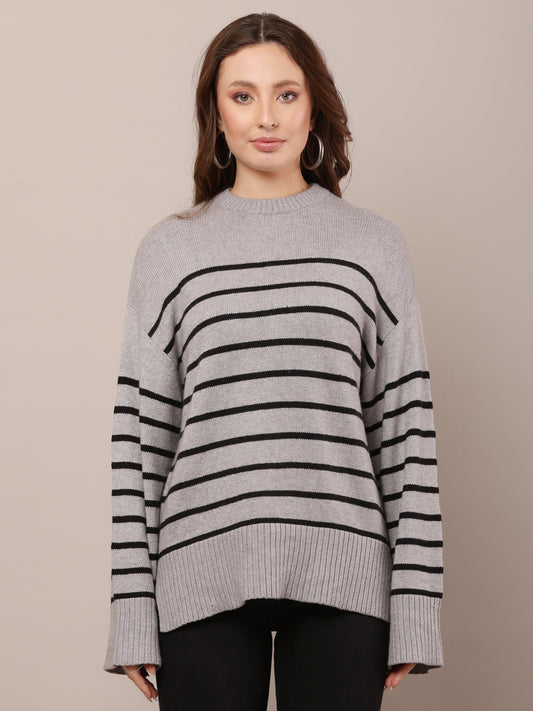 Women Viscose Drop Shoulder Rib Grey Sweater