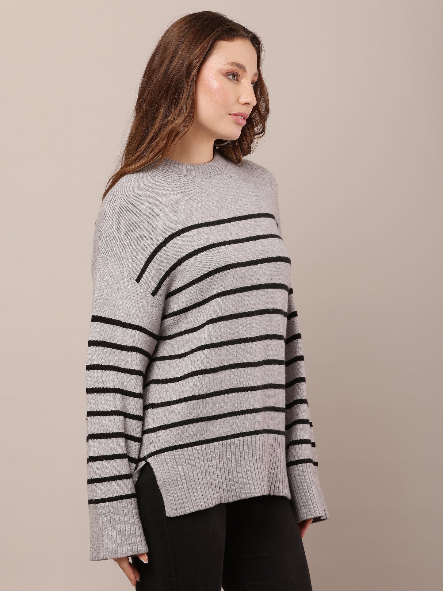 Women Viscose Drop Shoulder Rib Grey Sweater