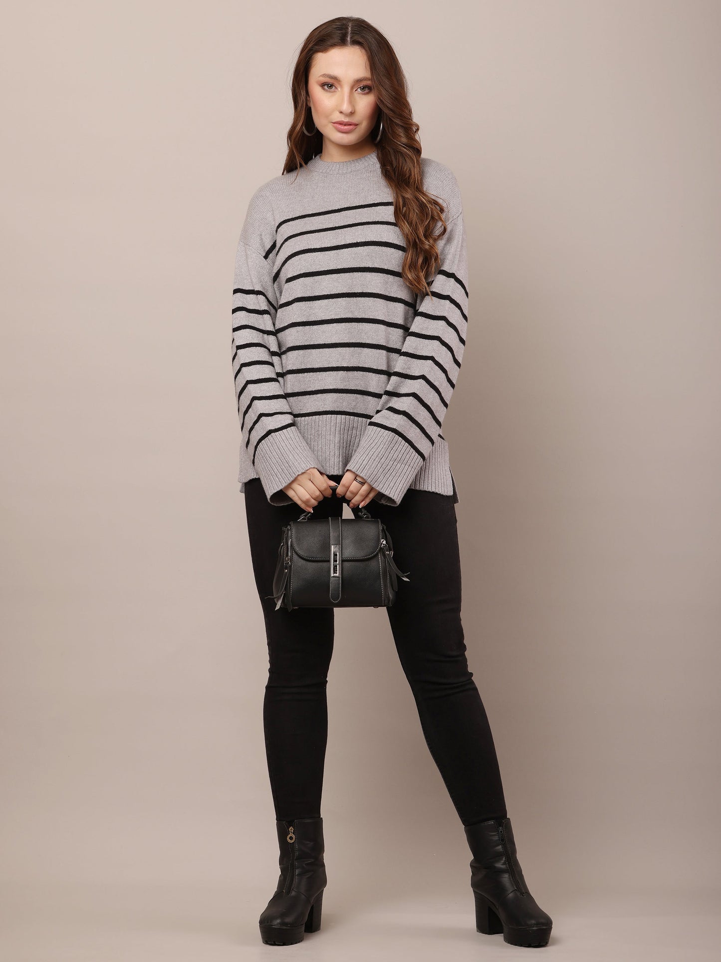 Women Viscose Drop Shoulder Rib Grey Sweater