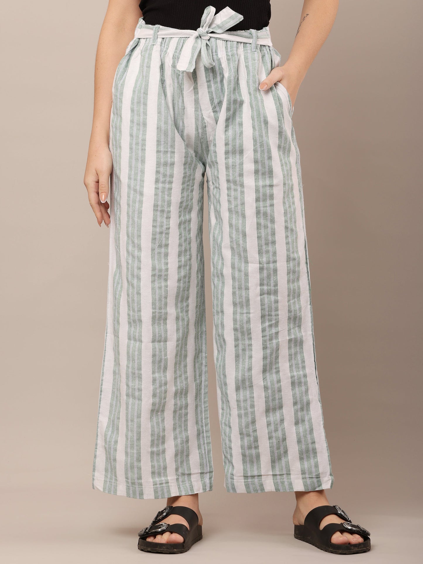Women Cotton Green & White Striped Pants