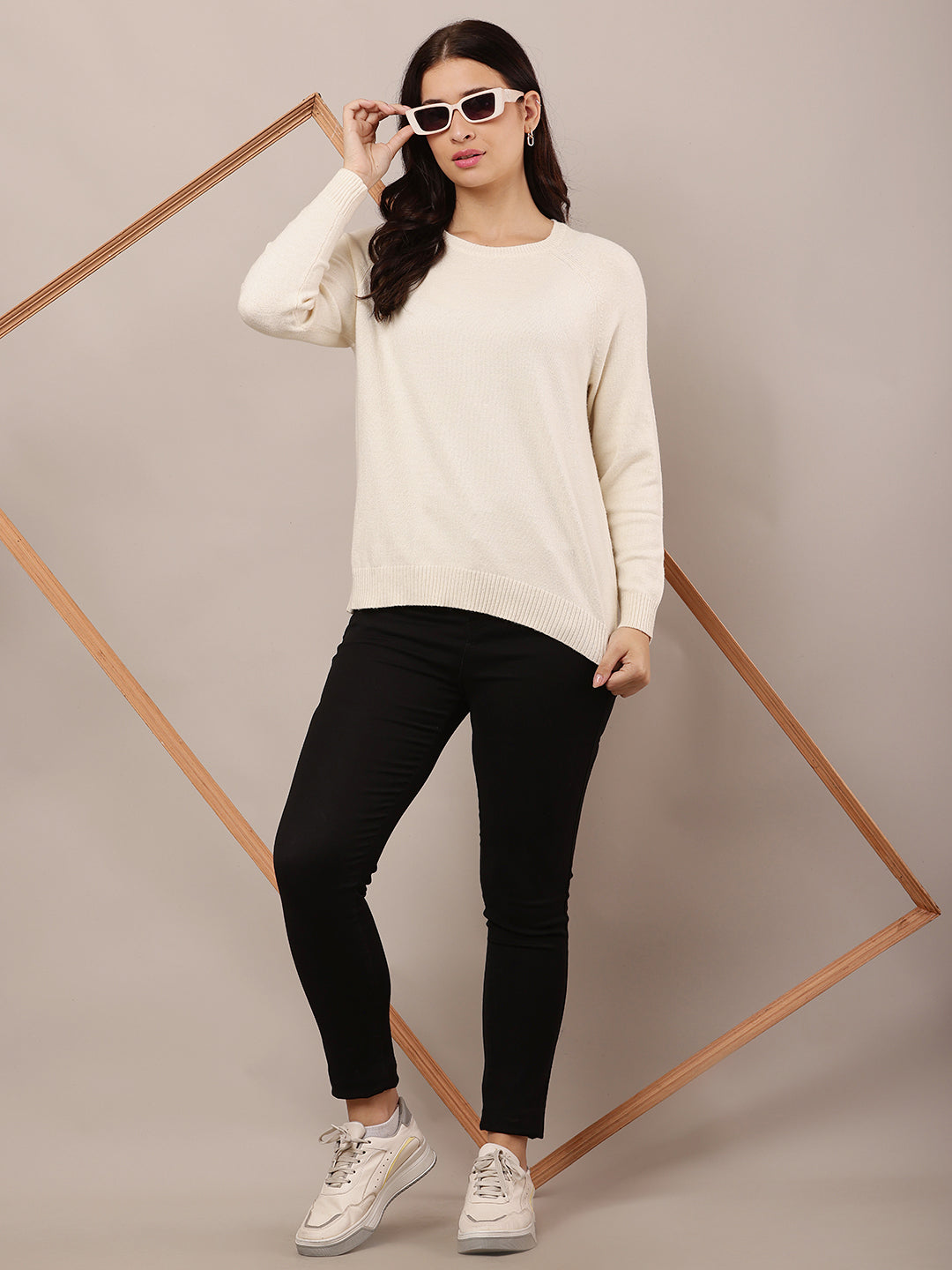 Women Cream Round Neck Sweater