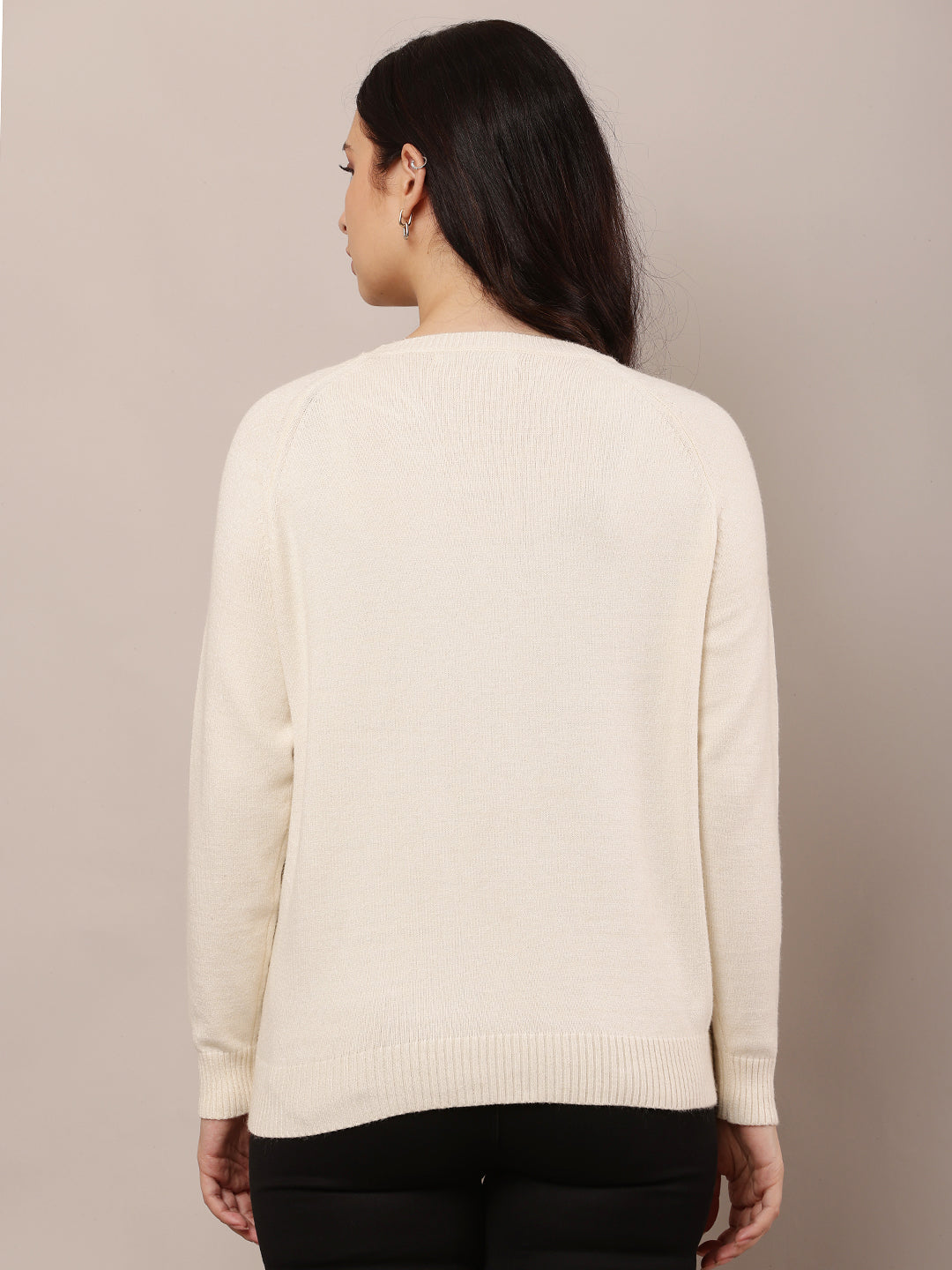 Women Cream Round Neck Sweater
