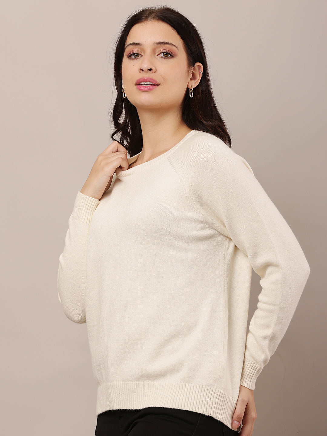 Women Cream Round Neck Sweater