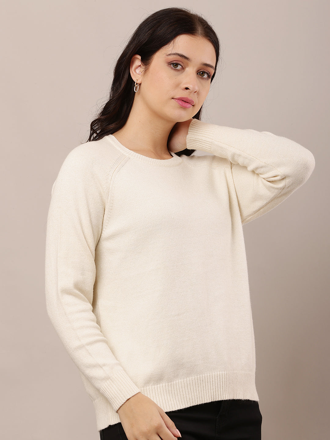 Women Cream Round Neck Sweater