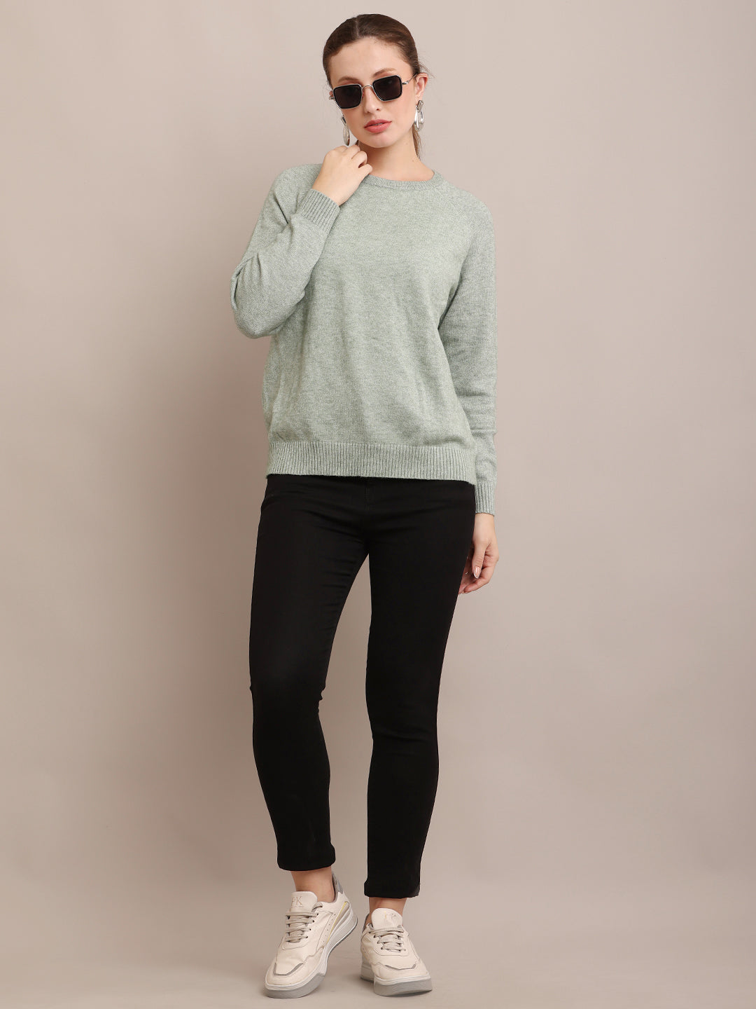 Women Polyester Full Sleeve Light Green Sweater
