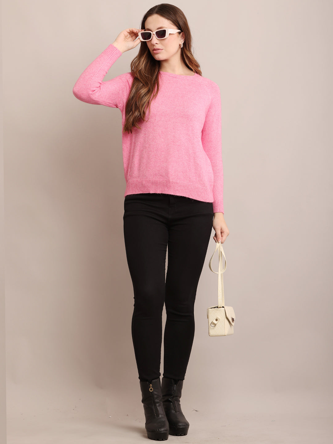 Women Polyester Full Sleeves Pink Sweater