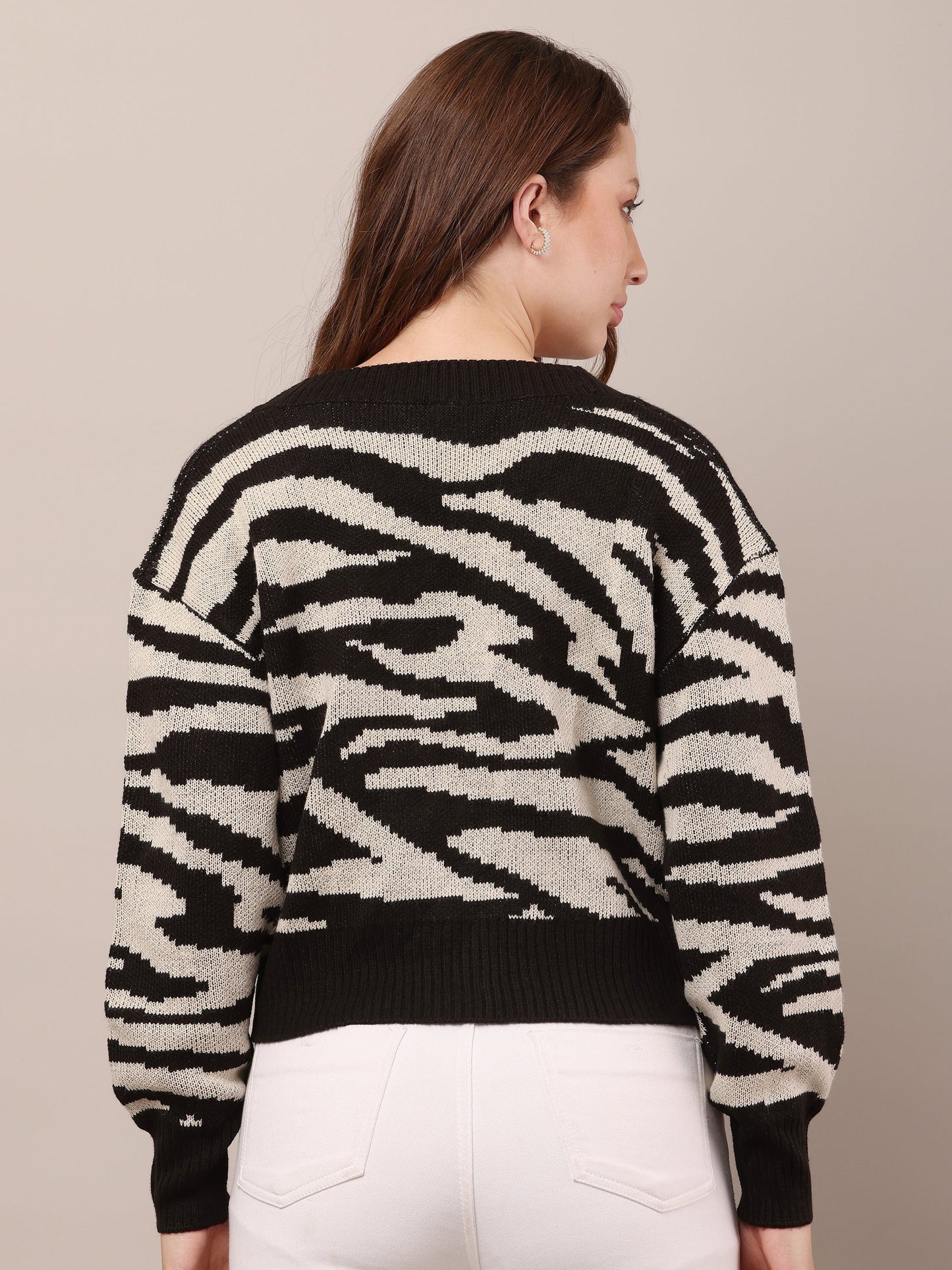Women Zebra Striped Drop Shoulder Cardigan