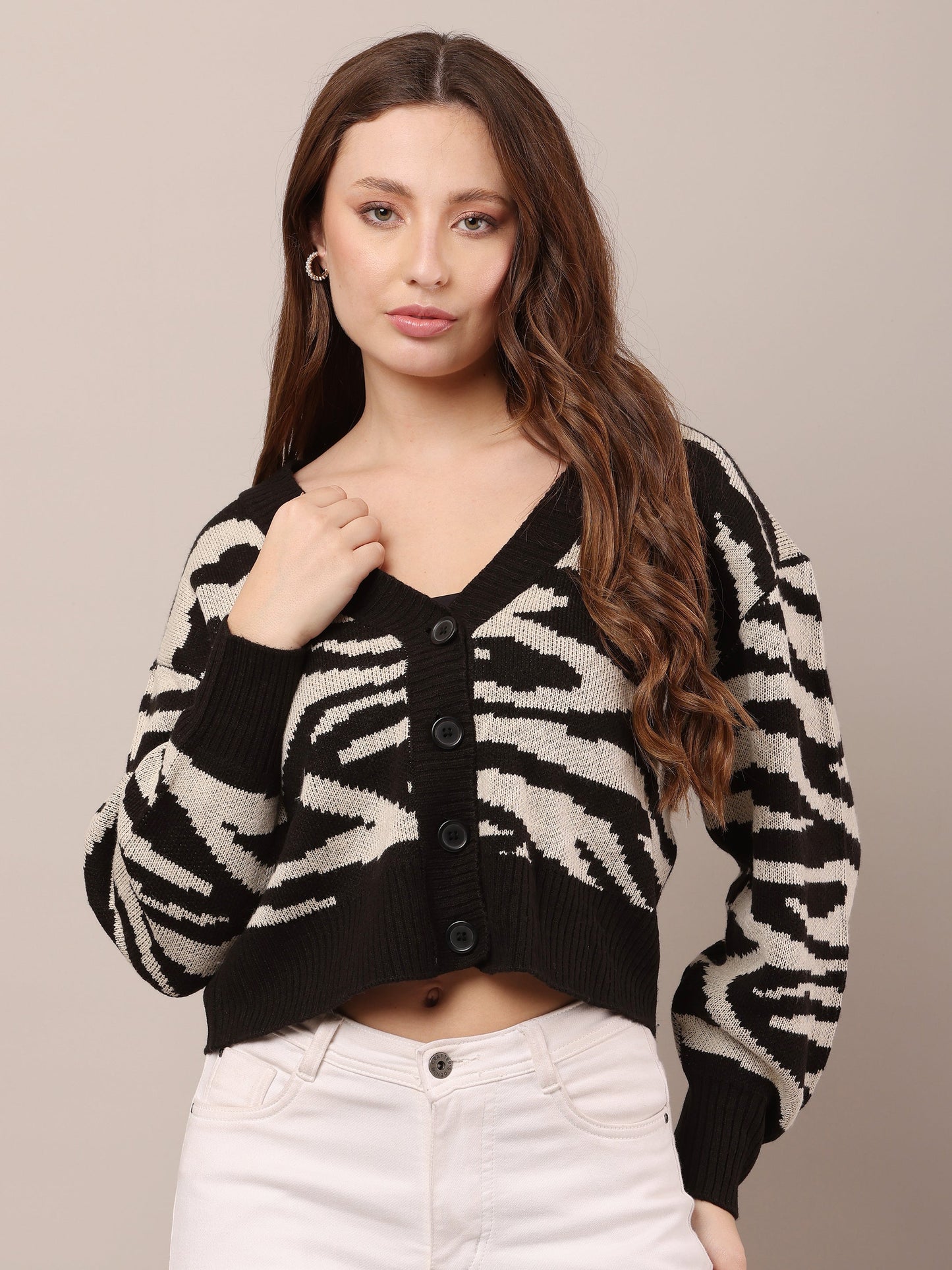 Women Zebra Striped Drop Shoulder Cardigan