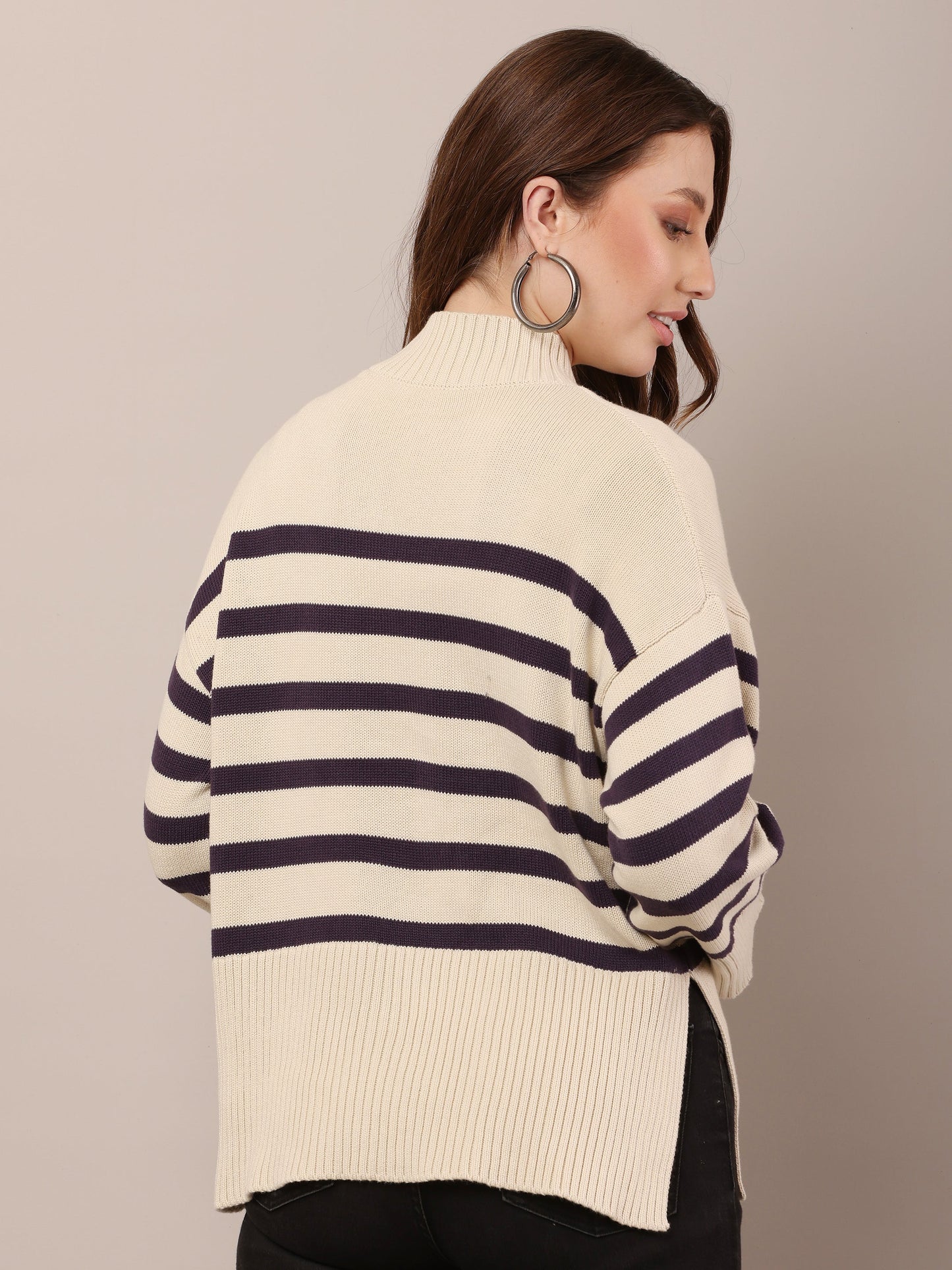 Women Cotto Drop Shoulder Rib Cream Sweater